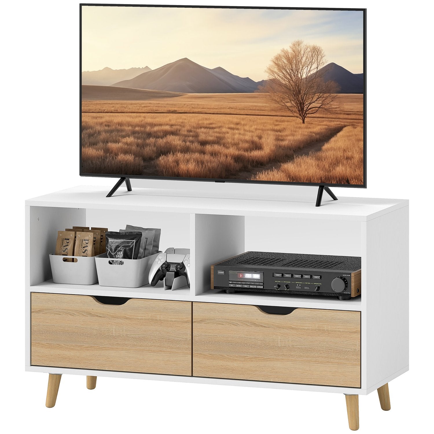TV-skåp Lowboard, 99 cm, 2 hyllplan & Låda, Vit
