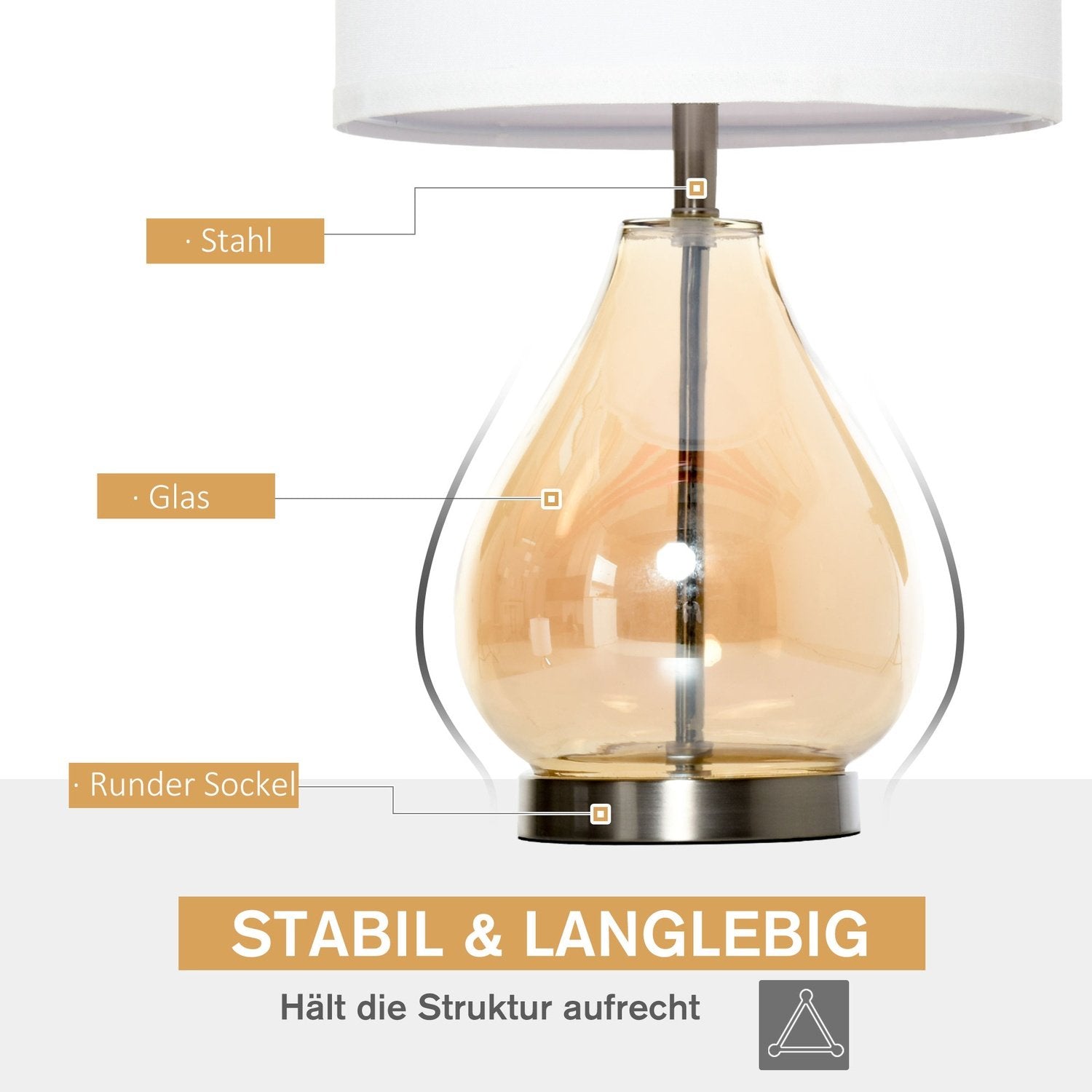 Bordlampesett Med 2 Nattbordslamper Med E27 Sokkel, 40W, Glass, Lin, Stål, Amber, Ø30 X 56H Cm