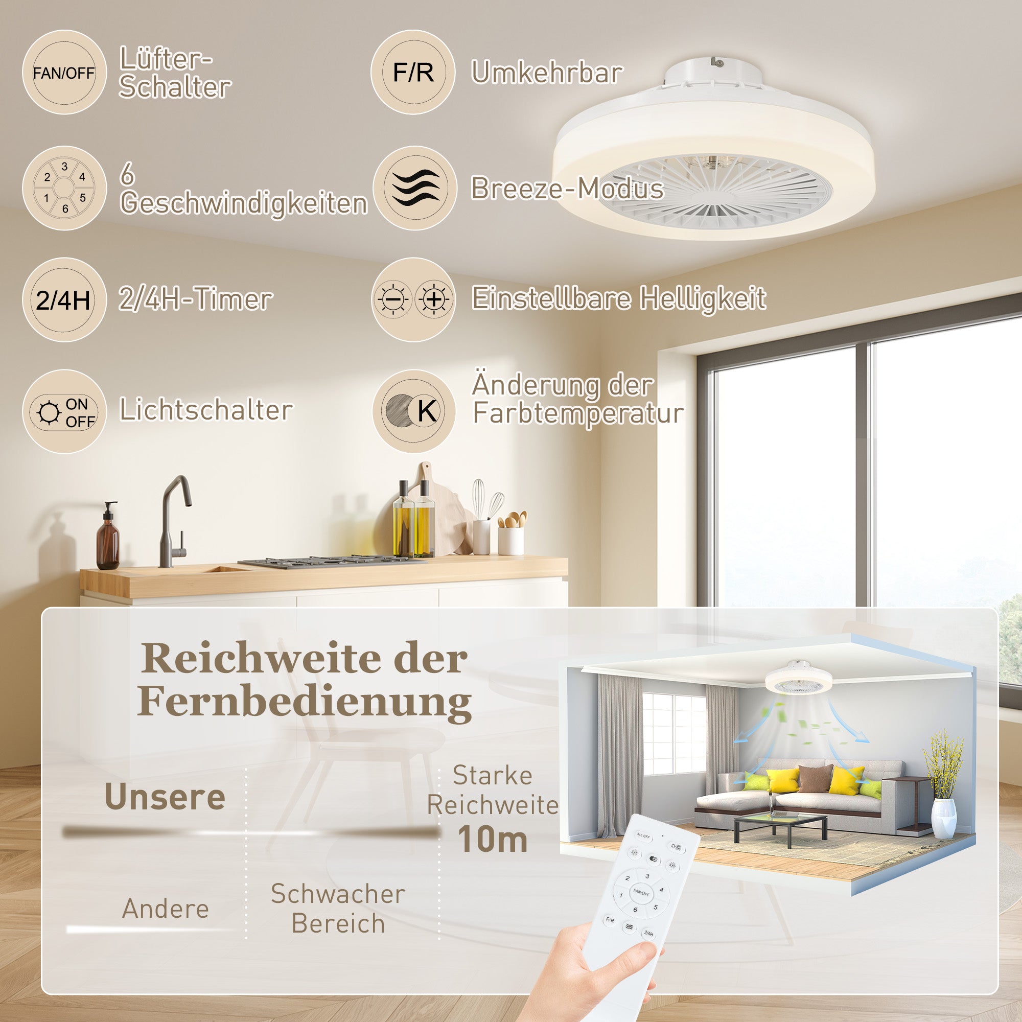 Takfläkt med LED-ljus, fjärrkontroll, dimbar, 6 hastigheter