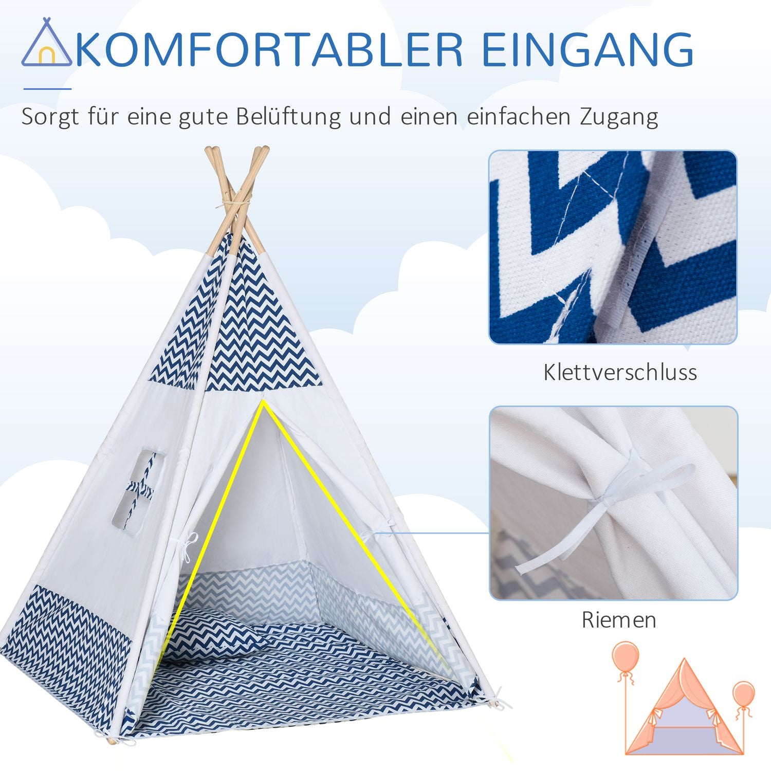 Teepee-tält för barn, vitt, med kudde & matta, inomhus/utomhus