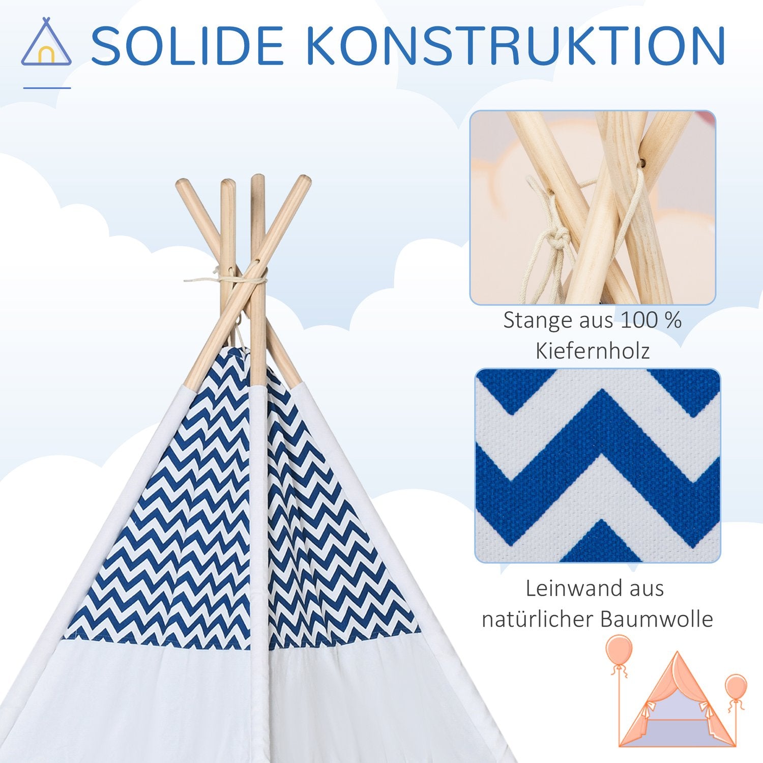 Teepee-tält för barn, vitt, med kudde & matta, inomhus/utomhus