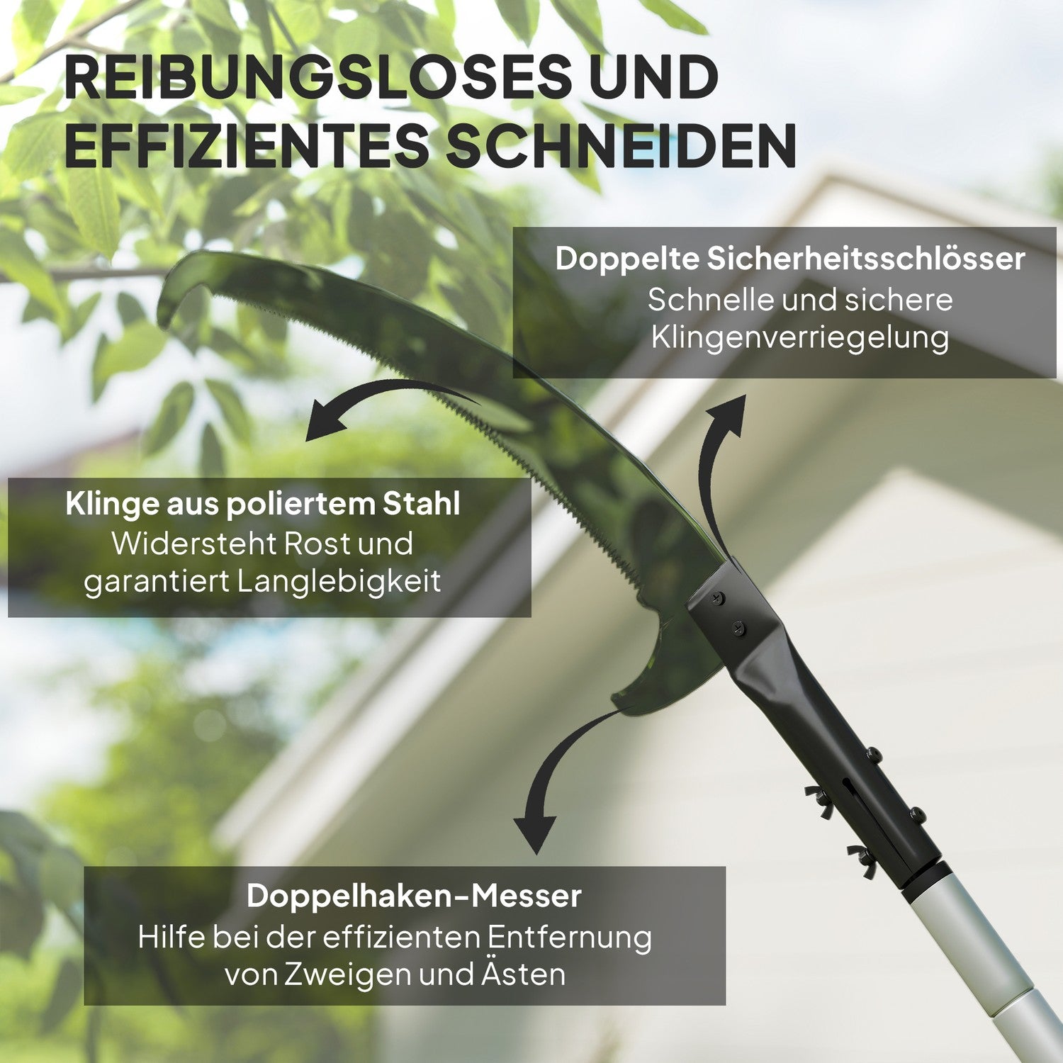Teleskopisk grensåg 1,5–2,6 m trädsax med låsanordning, teleskophandtag, non-stick belagt blad, svart