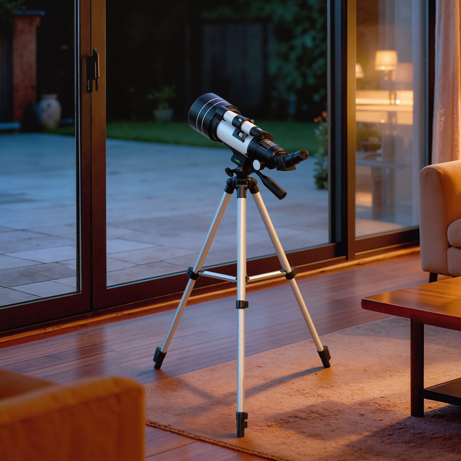 Teleskop med 70 mm lins, justerbart stativ, silver