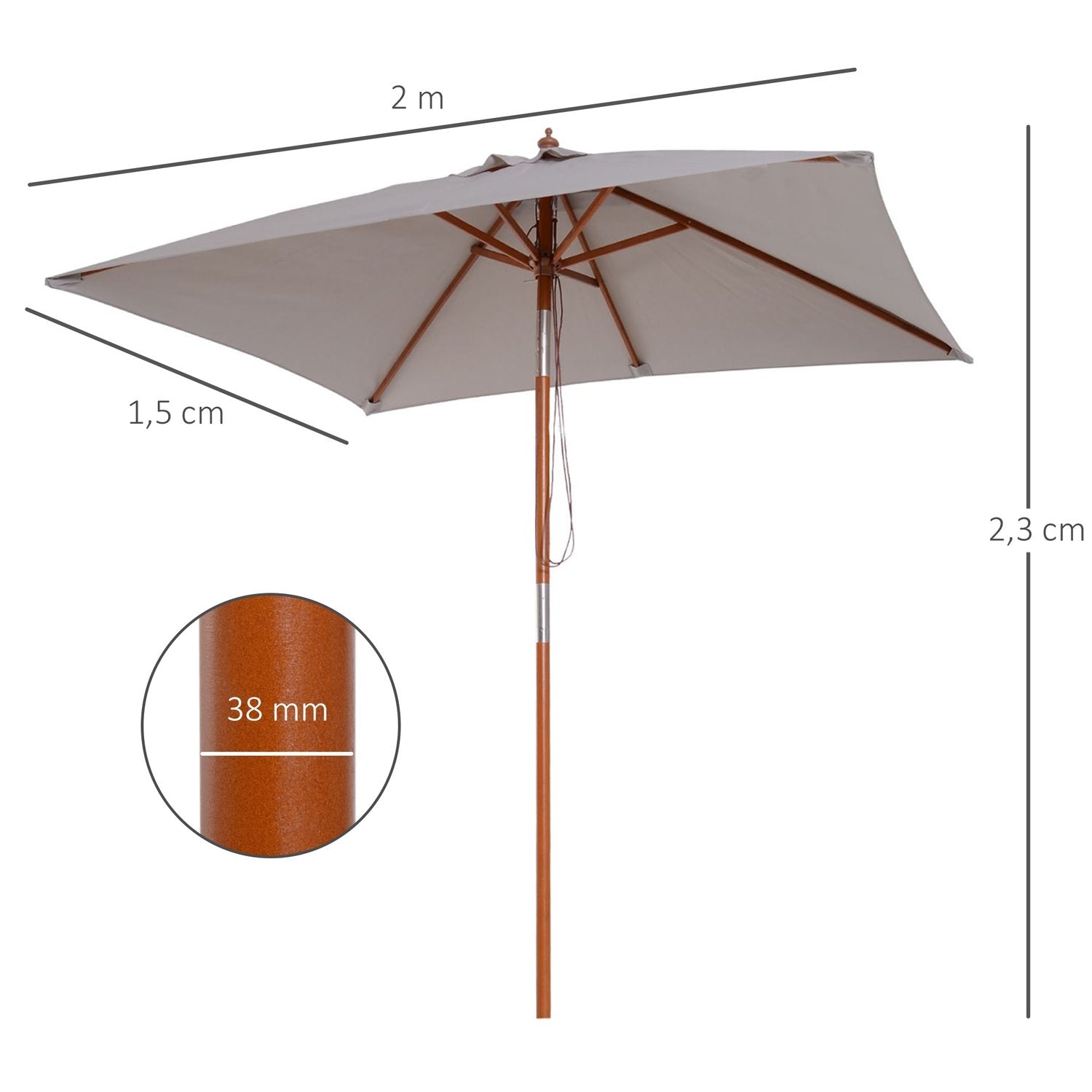 Parasoll sammenleggbar hageparaply laget av grantre, justerbar i 3 nivåer, grå, 200x150x230 cm