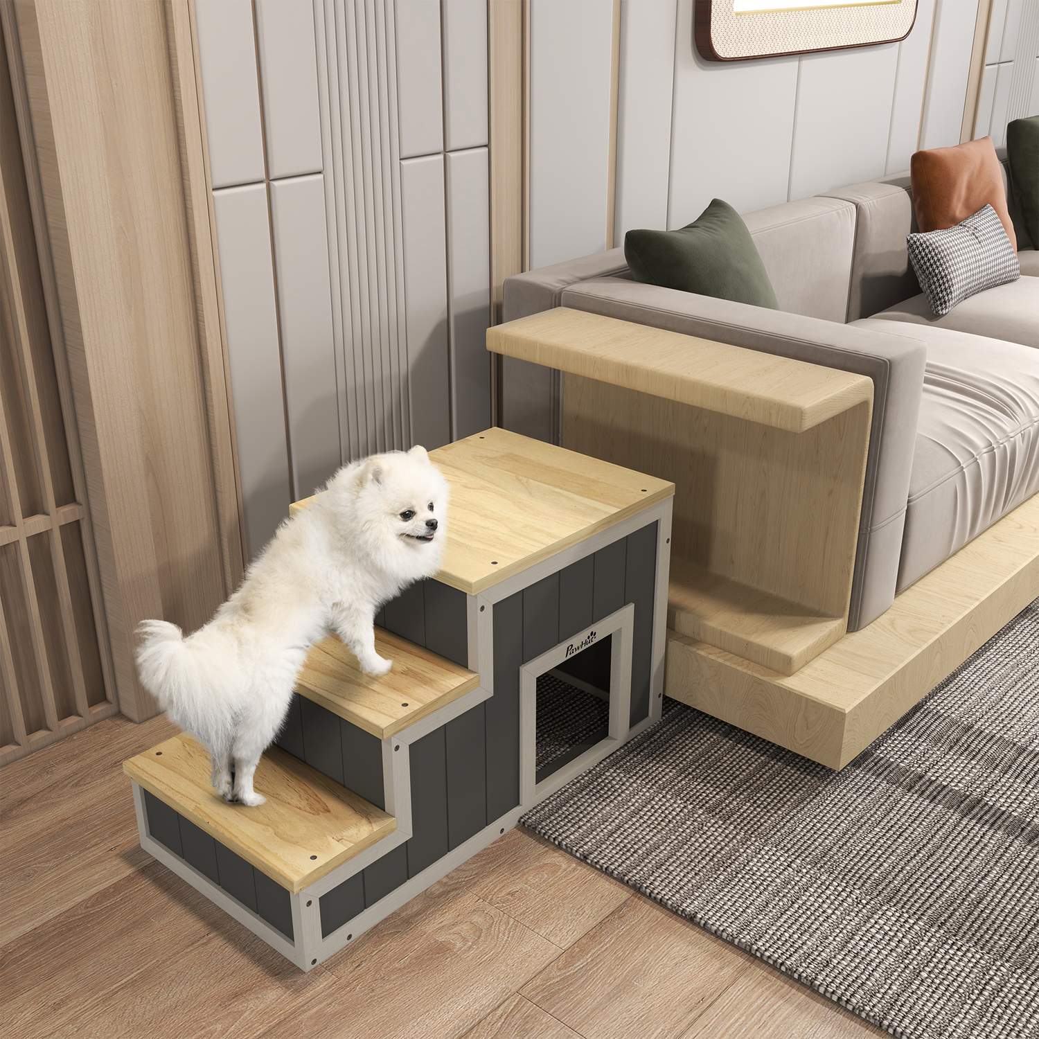 Trä 3-stegs husdjursramp med grotta, stöder upp till 30 kg