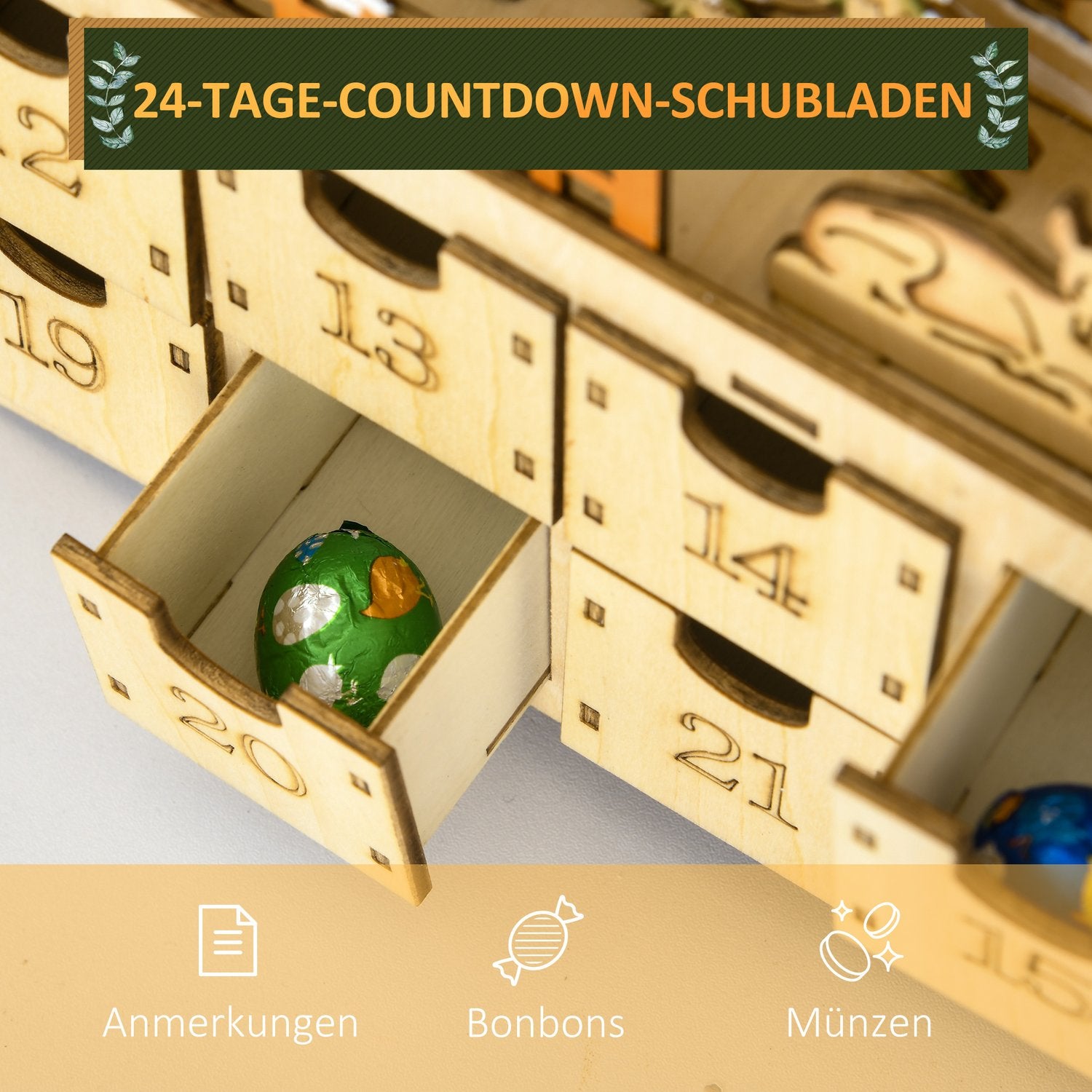 Träadventskalender med LED-lampor, 24-dagars nedräkning