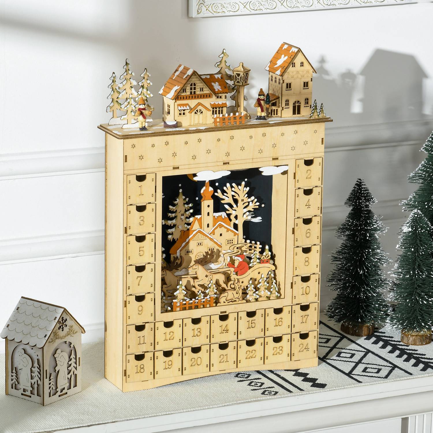 Träadventskalender med LED-lampor, 24-dagars nedräkning