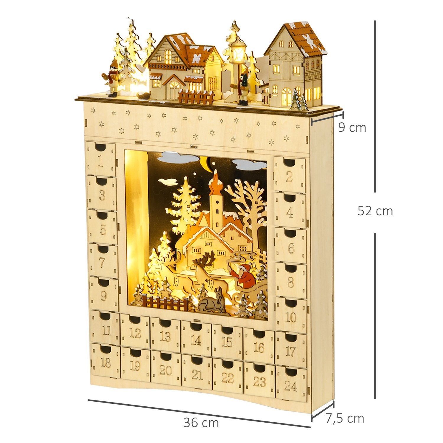 Träadventskalender med LED-lampor, 24-dagars nedräkning