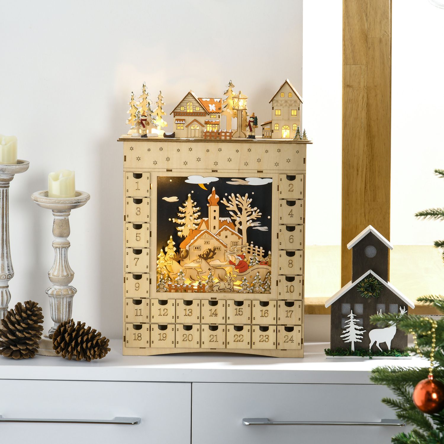 Träadventskalender med LED-lampor, 24-dagars nedräkning
