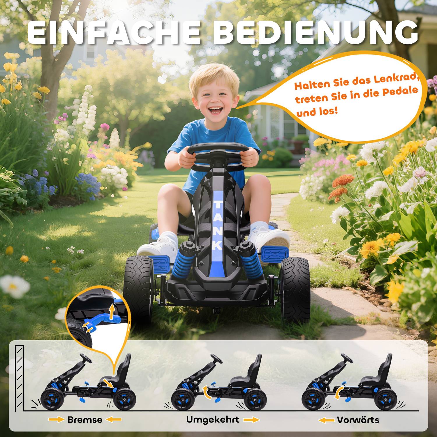 Trampgokart för barn, broms, halkfria hjul, 3-6 år