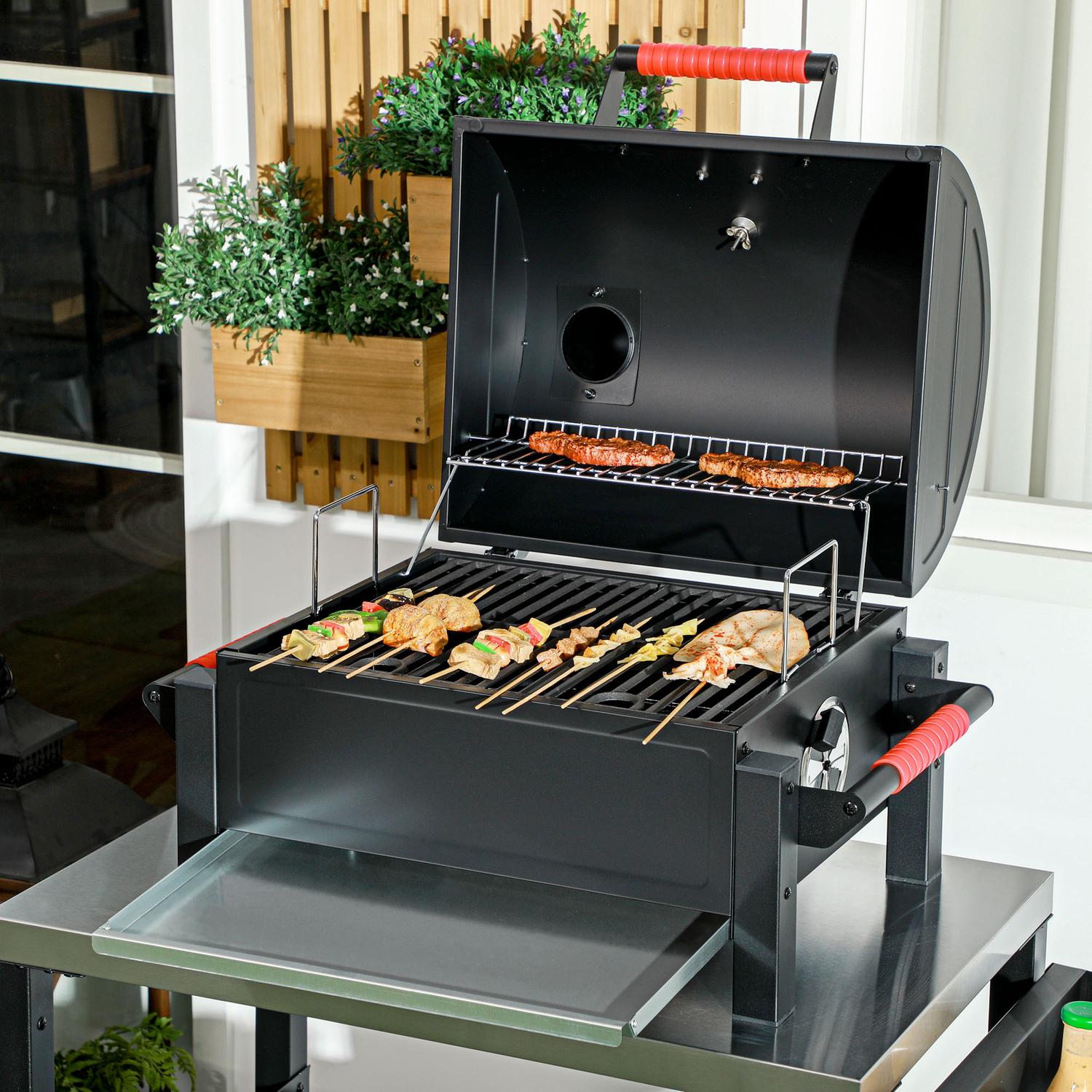 Träbordsgrill med kolbricka och termometer