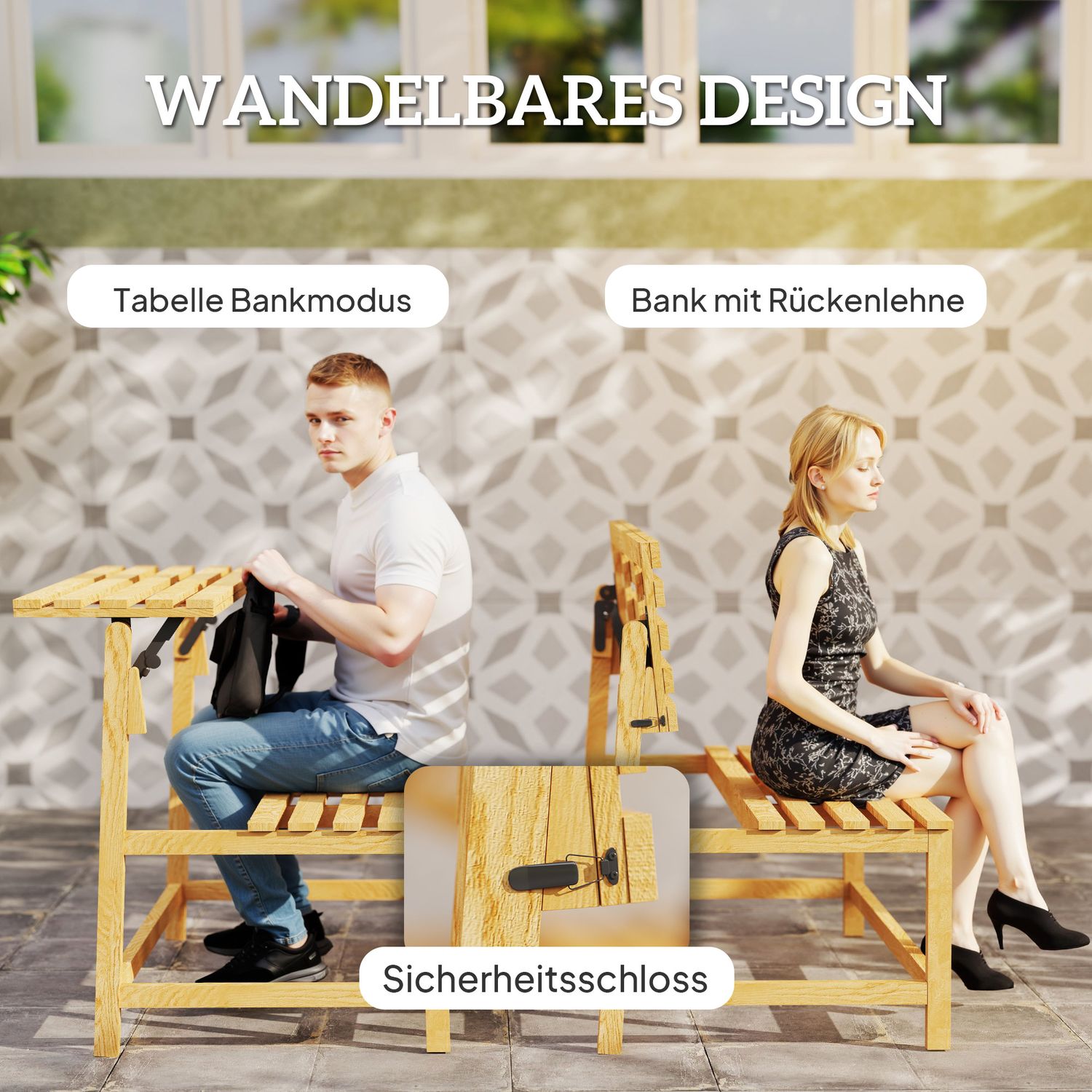 Trädgårdsbänk i 2-sits teak med konvertibelt ryggstöd