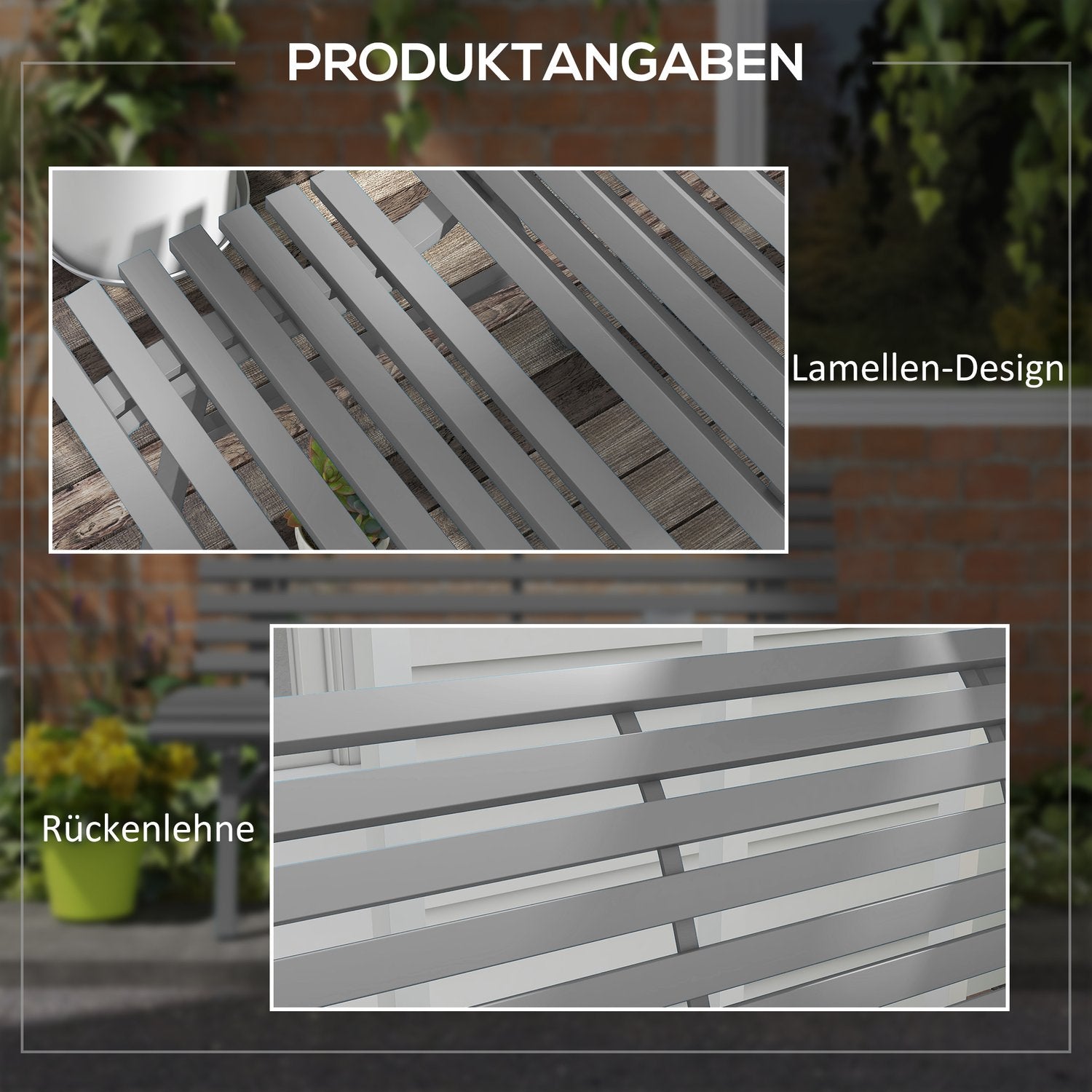 Trädgårdsbänk i aluminium utomhus, 2-sits med ryggstöd, grå