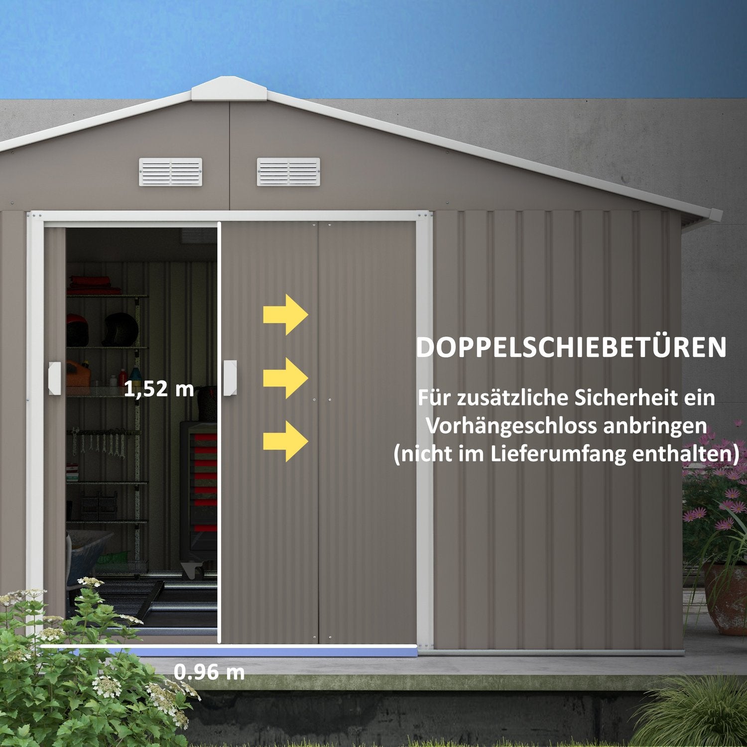 Trädgårdsbod, väderbeständigt stål, 12,4 m², skjutdörr