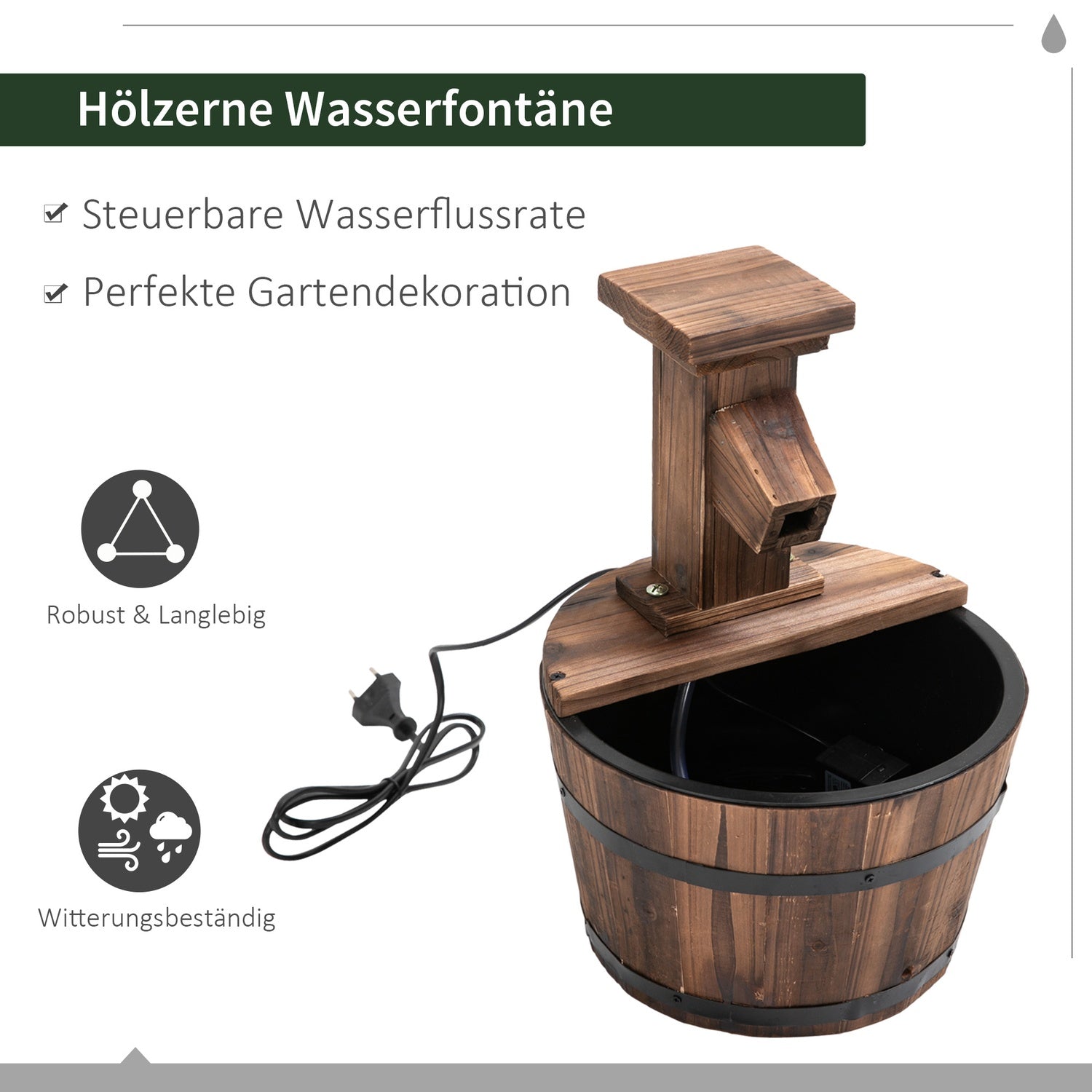 Trädgårdsfontän av träfat med metallaccenter, 27x37 cm