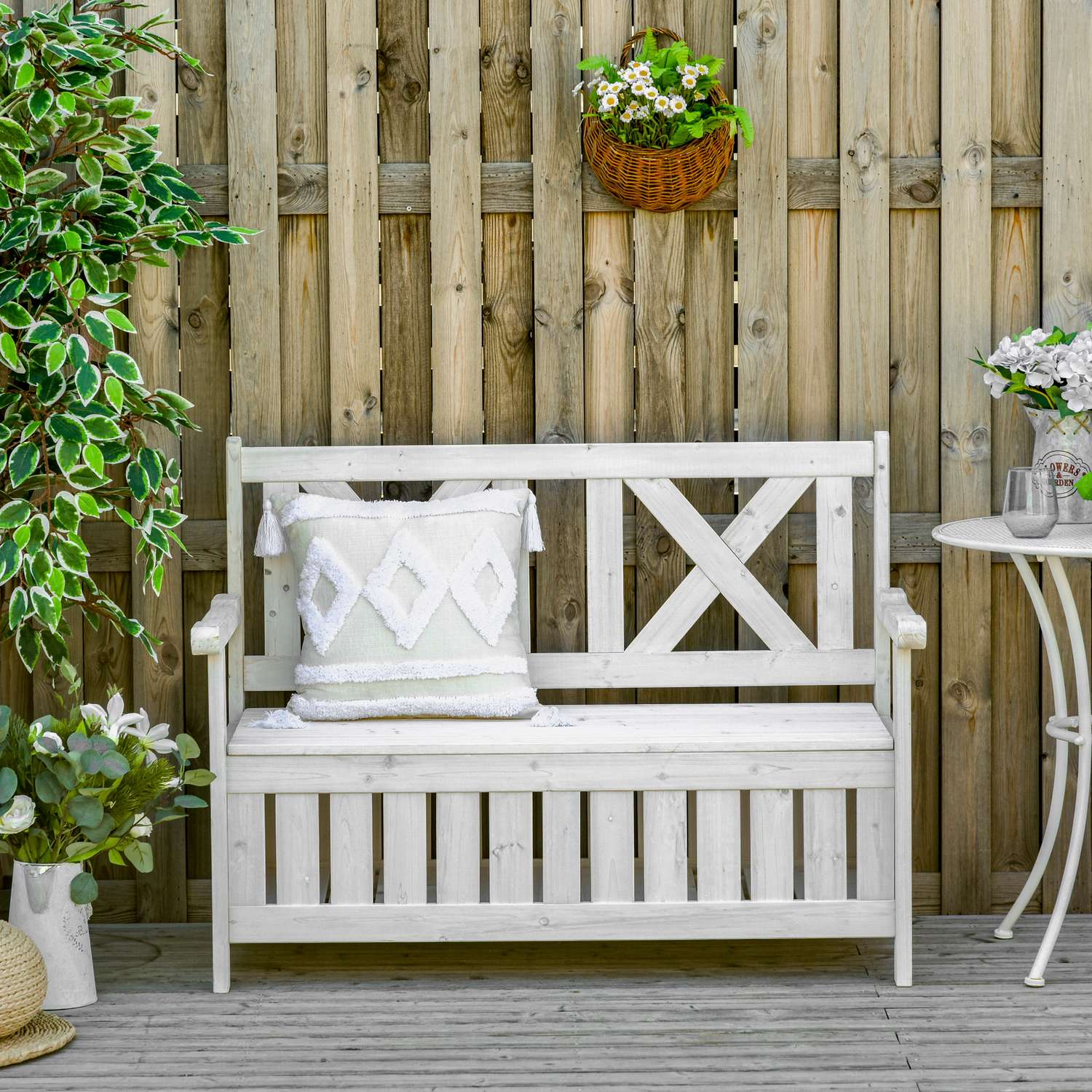 Trädgårdsförvaringsbänk, 2-sits med dyna, vit 115 cm