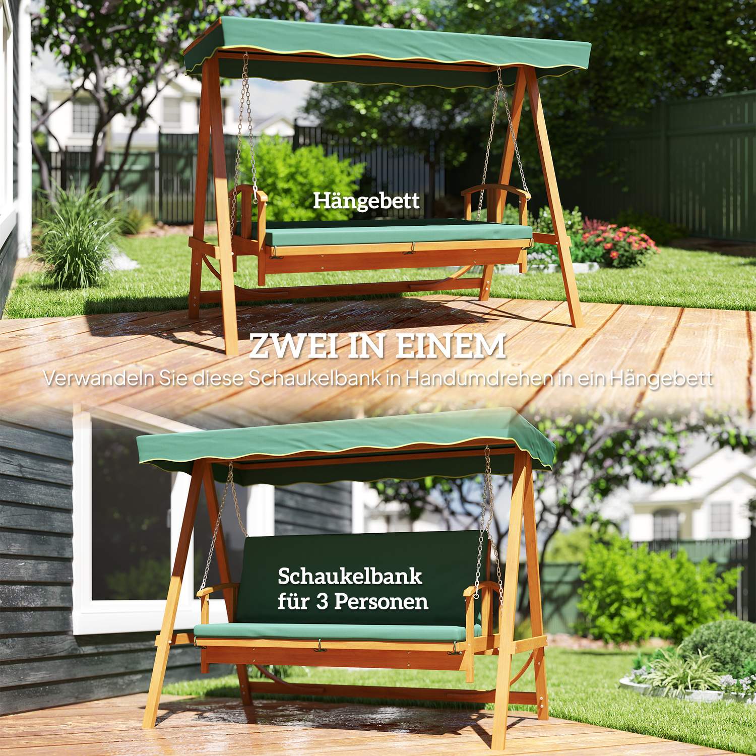 Trädgårdsgunga 3-sits med kapell – Luttar ned till 330 kg