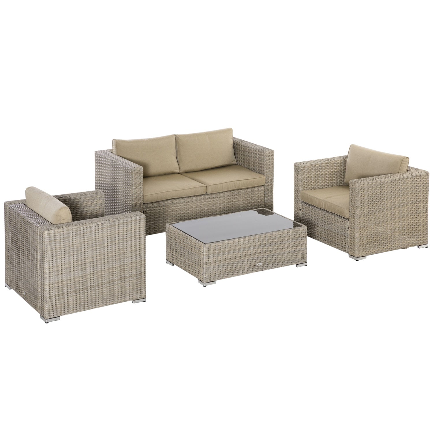 Trädgårdsloungeset i polyrattan för 4 med kuddar, Khaki Beige