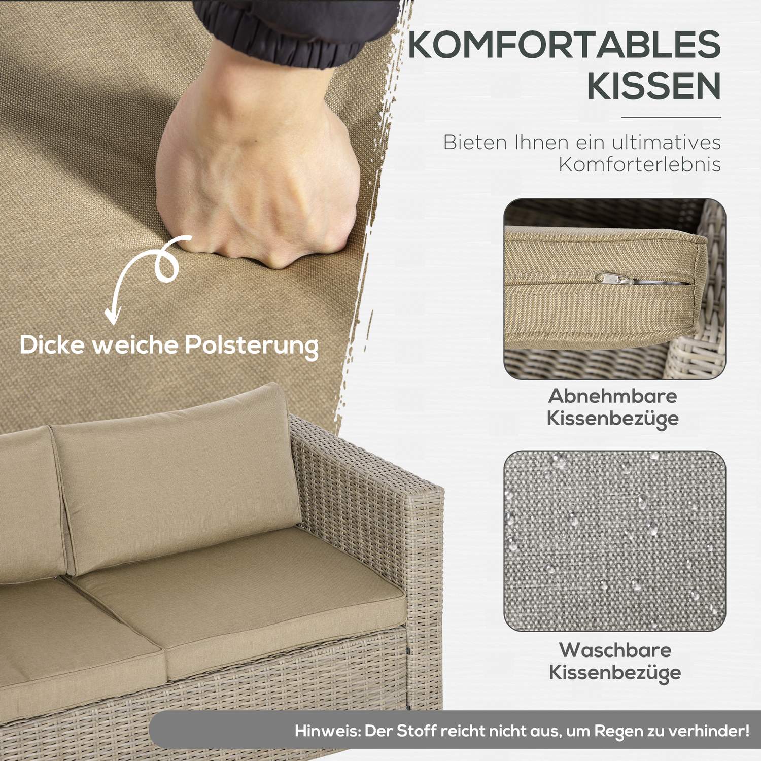 Trädgårdsloungeset i polyrattan för 4 med kuddar, Khaki Beige