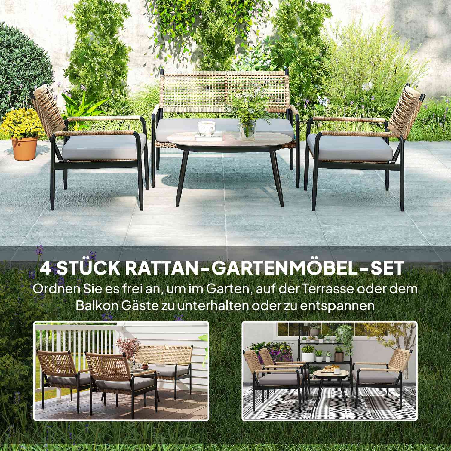 Polyrattan Outdoor Lounge Set, väderbeständig, dämpad, 4-personer