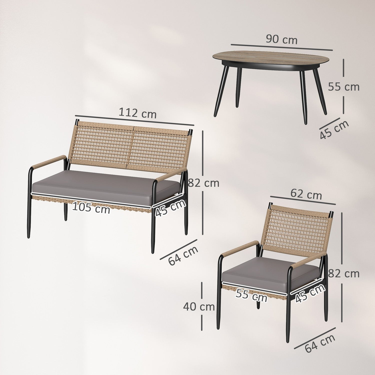 Polyrattan Outdoor Lounge Set, väderbeständig, dämpad, 4-personer