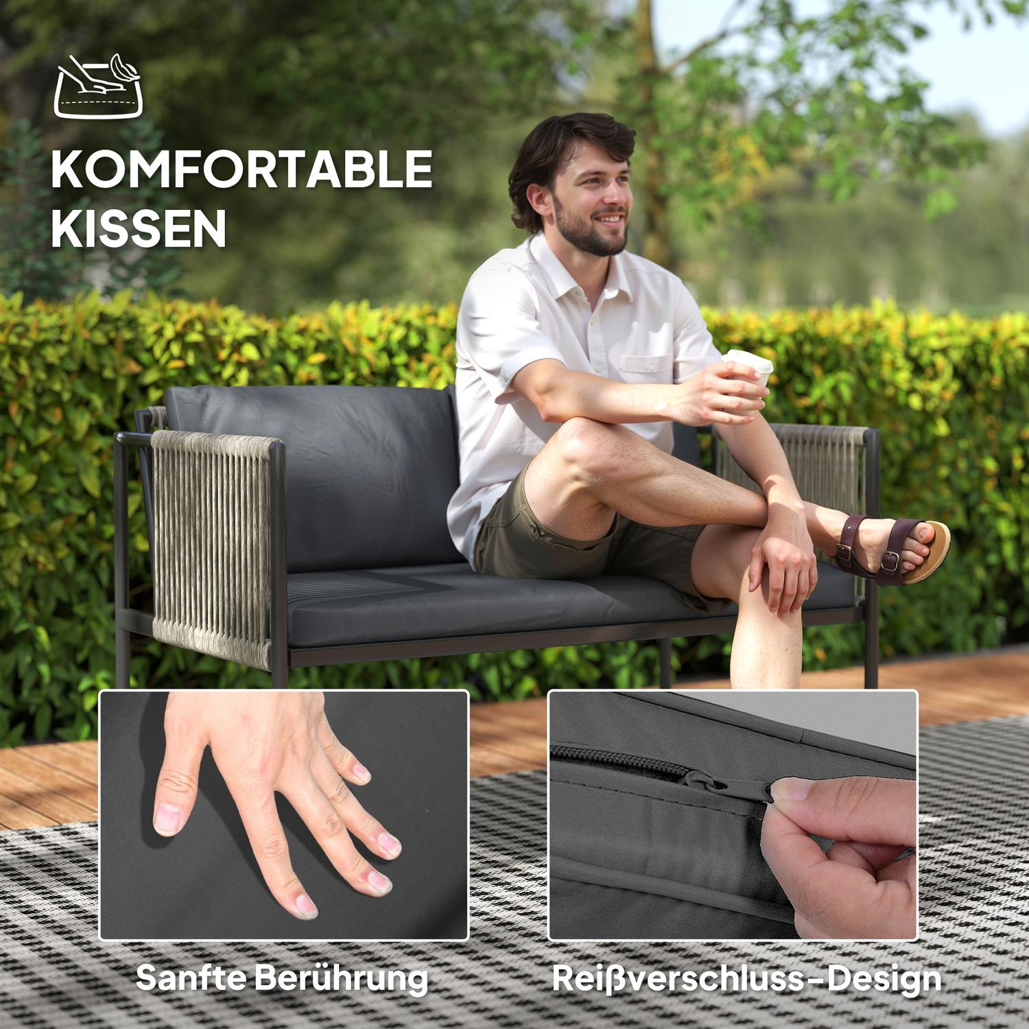 Trädgårdsmöbelset i polyrattan med kuddar – Grå