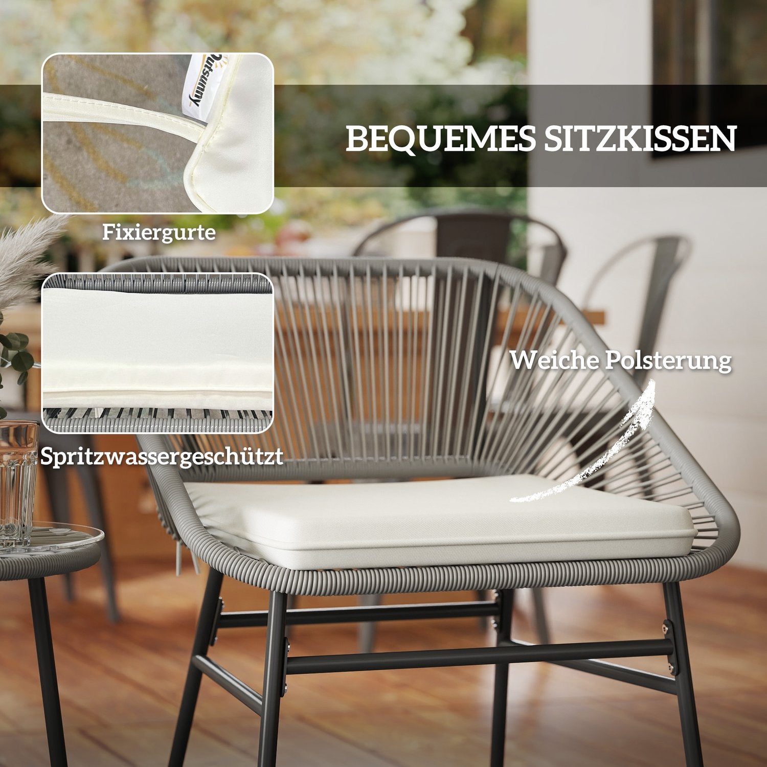 Loungeset i polyrattan utomhus, väderbeständig, 3-delad, mörkgrå