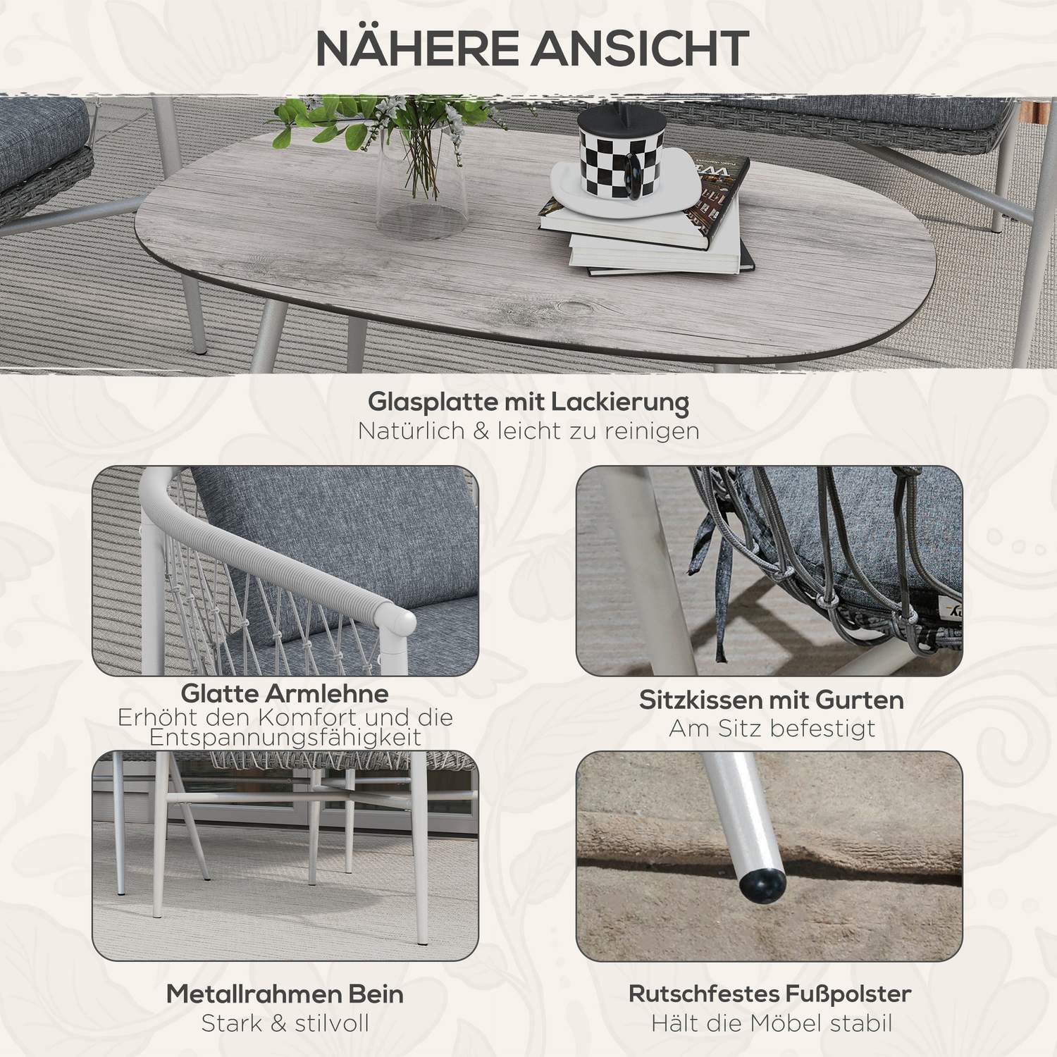 Trädgårdsmöbler i rotting, 4-delad, grå kuddar