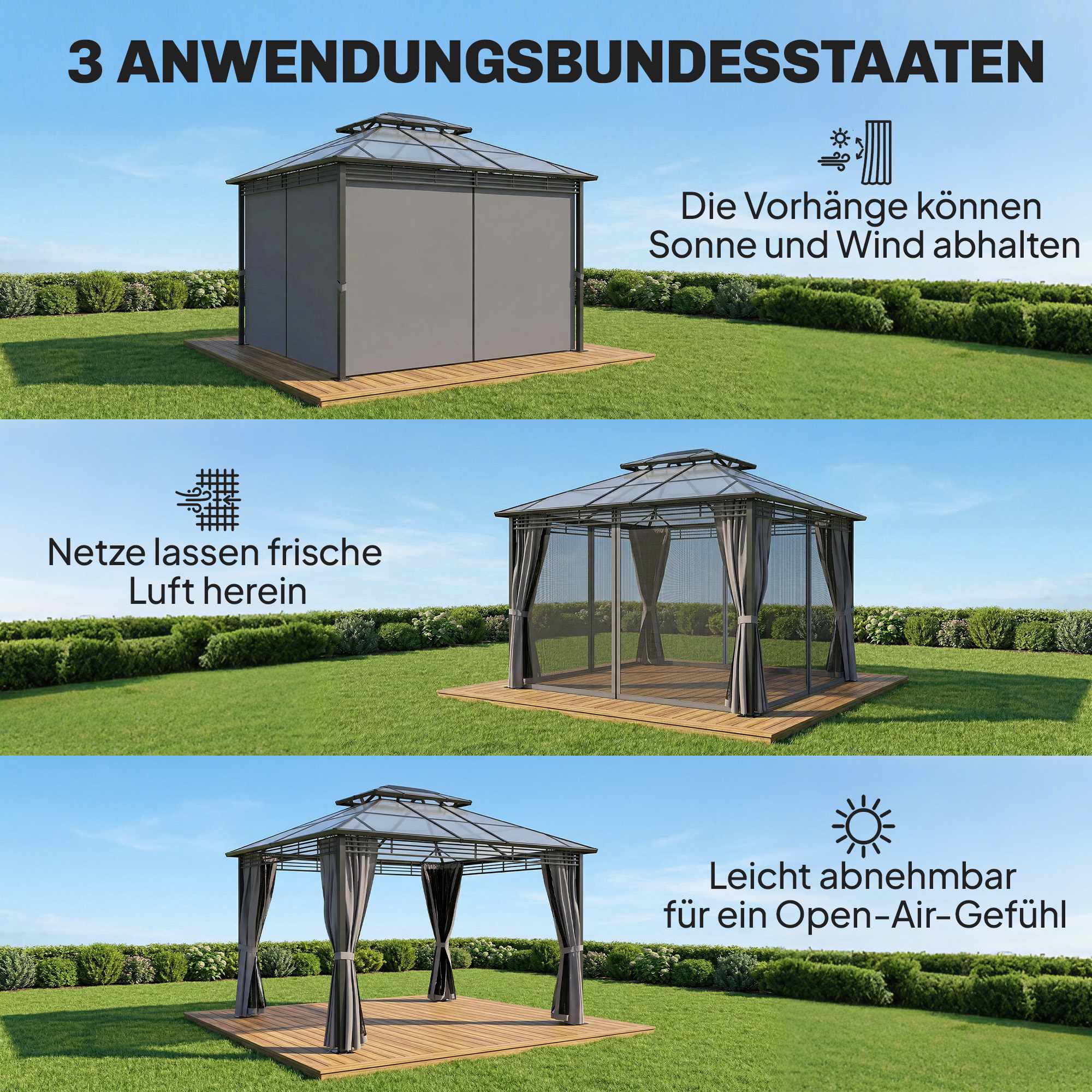 Trädgårdspaviljong i aluminium 3,6x3m med myggnät