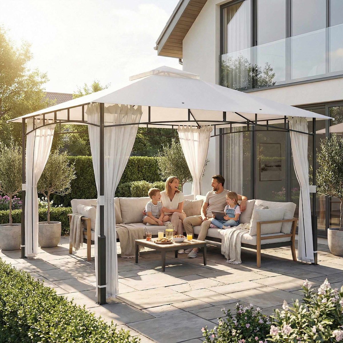 Hagepaviljong med doble tak og myggnett, plass til 8 personer