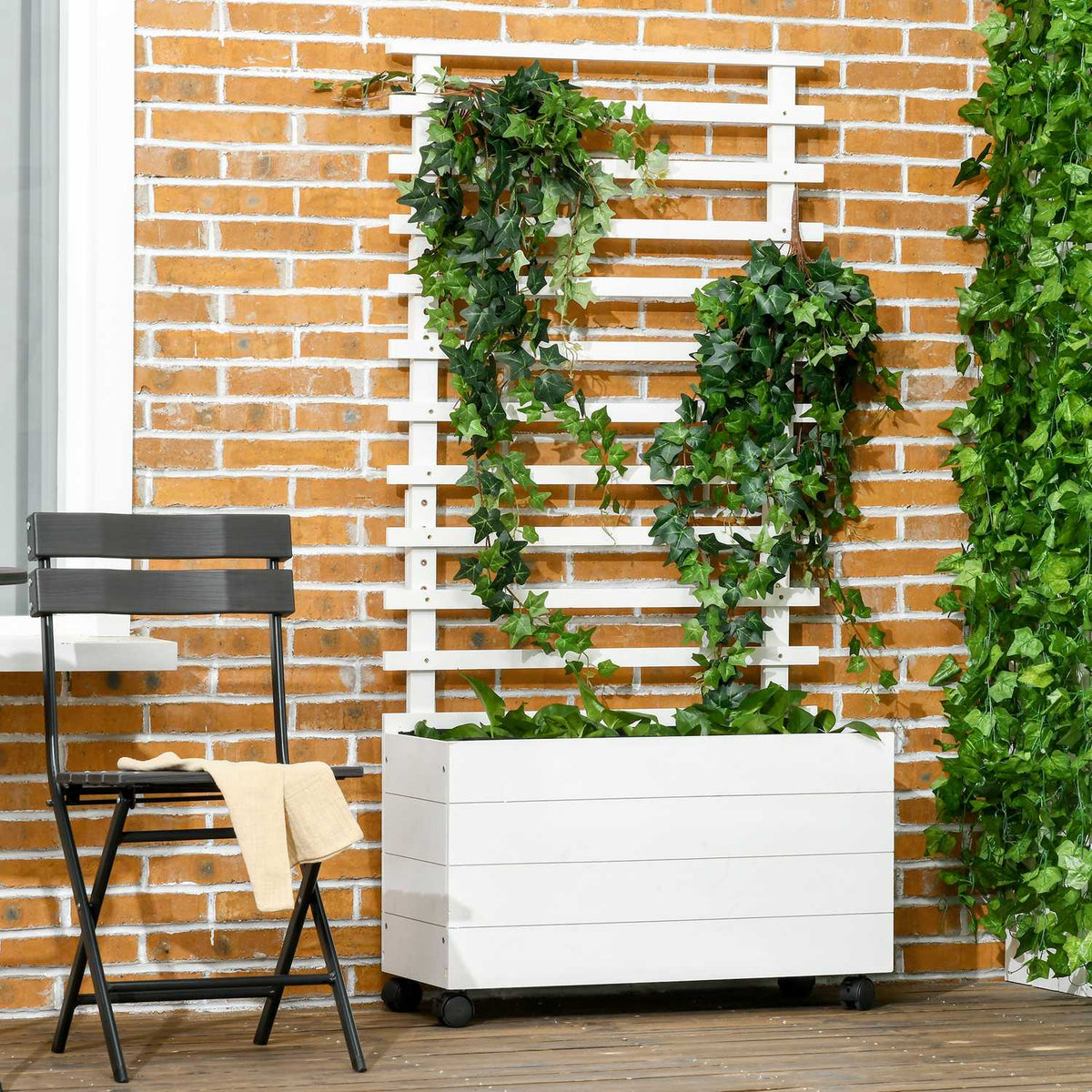 Plantekasse til hage med espalier, hjul, naturlig tre