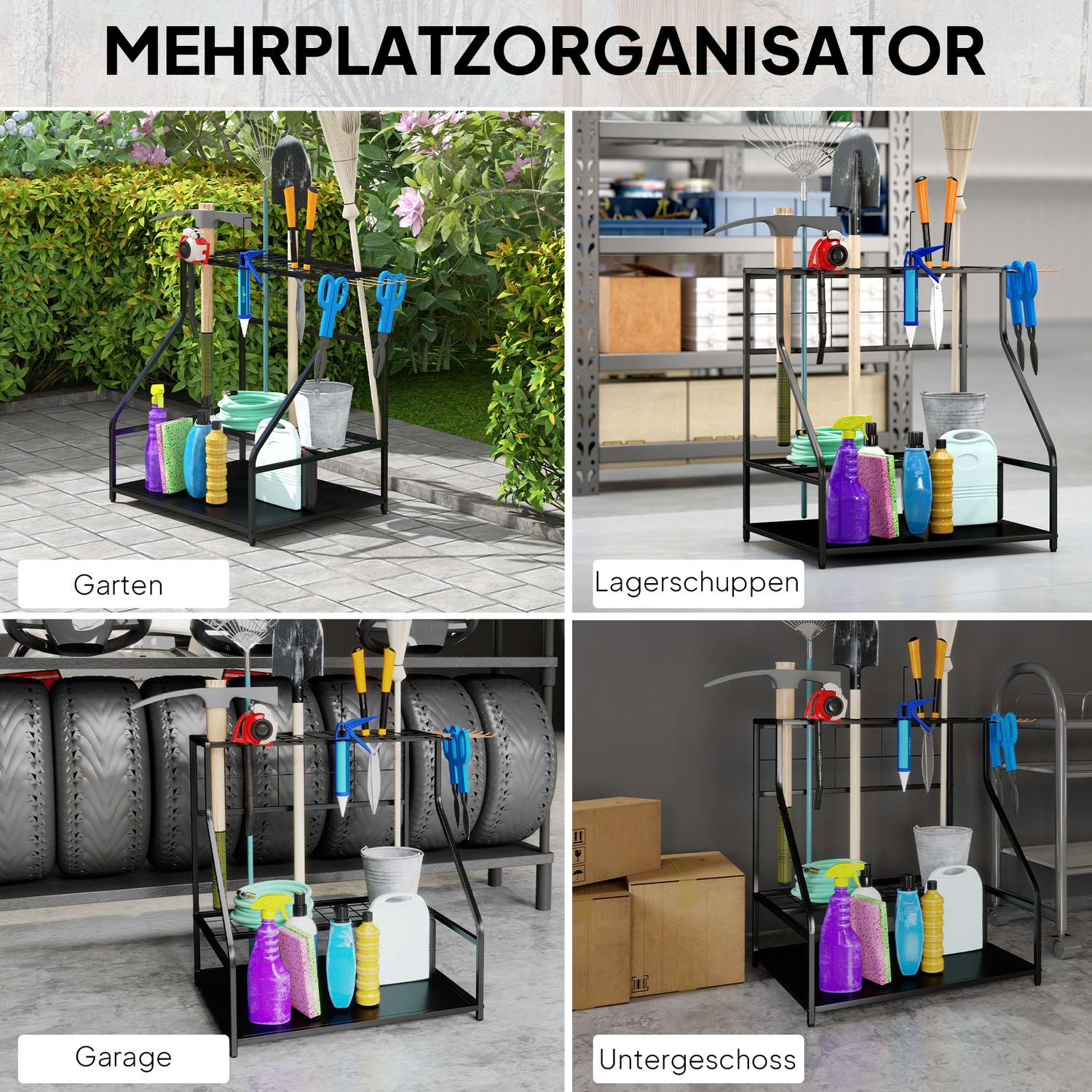 Trädgårdsredskapsarrangör i 3 nivåer med krokar, rymmer 20 redskap