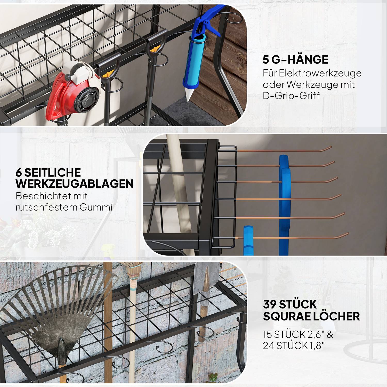 Trädgårdsredskapsarrangör i 3 nivåer med krokar, rymmer 20 redskap