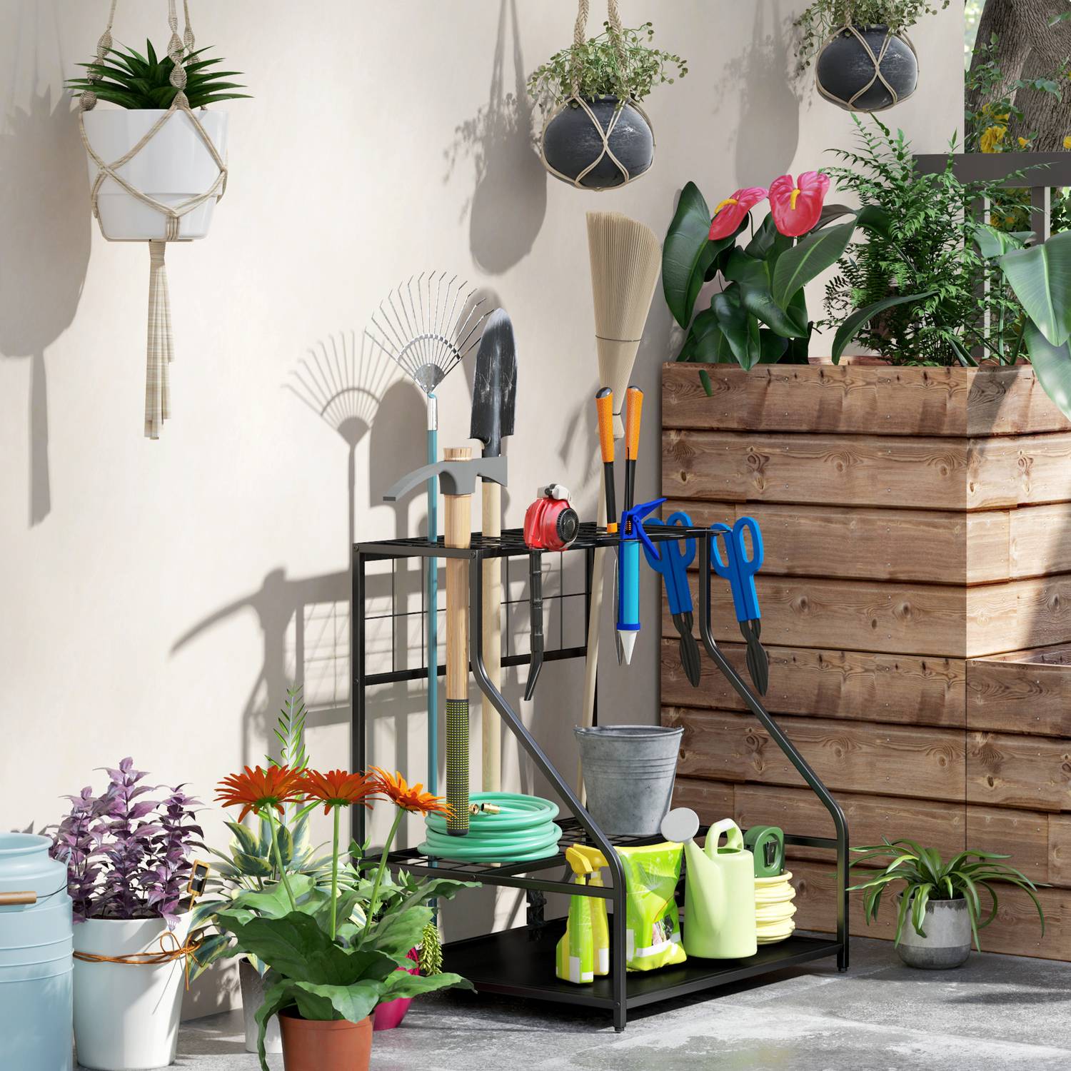 Trädgårdsredskapsarrangör i 3 nivåer med krokar, rymmer 20 redskap