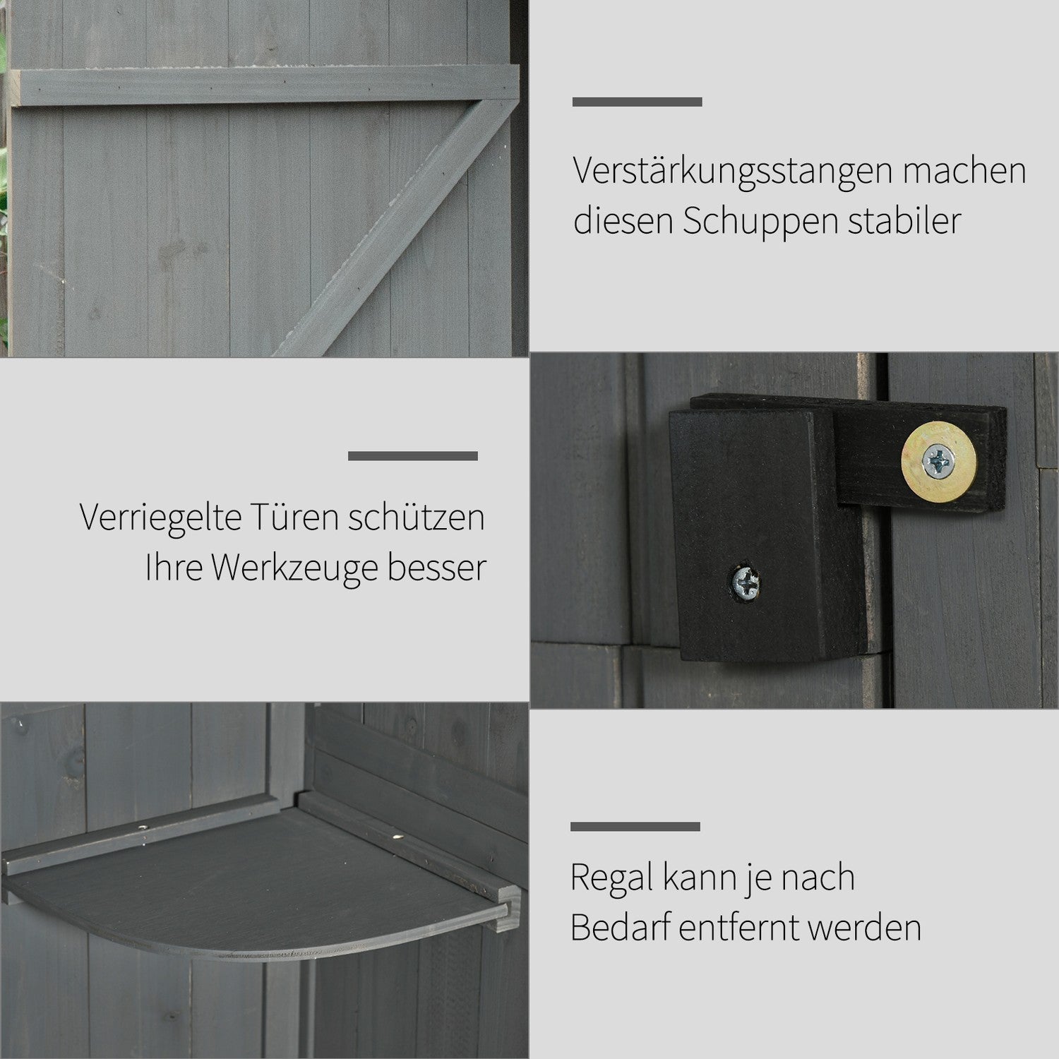 Trädgårdsredskapsbod i trä – Grå & Grön, Med hyllor, 77x54x179 cm