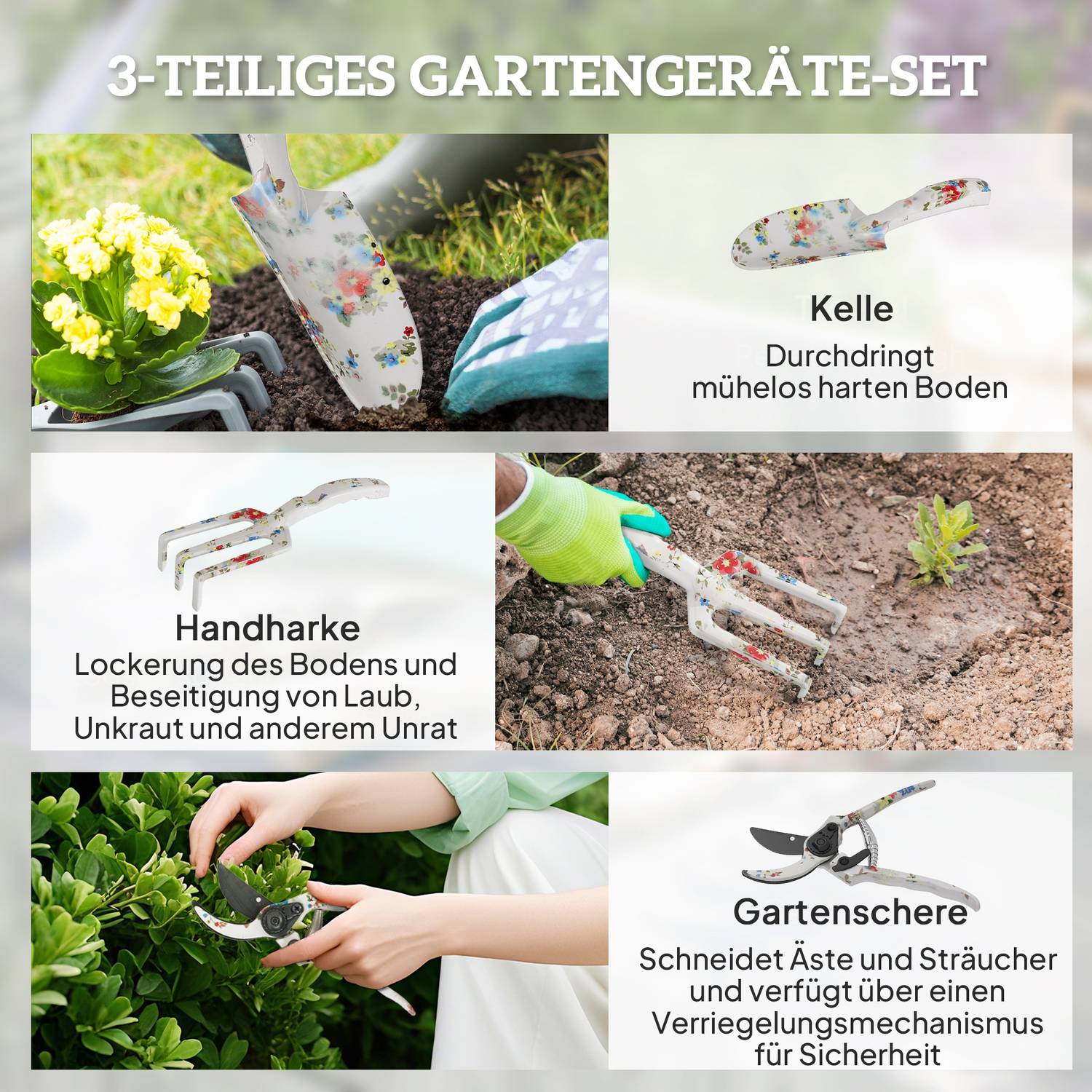 Trädgårdsredskapsset 3 delar trädgårdsredskap av metall med blomspackel handkratta trädgårdssax