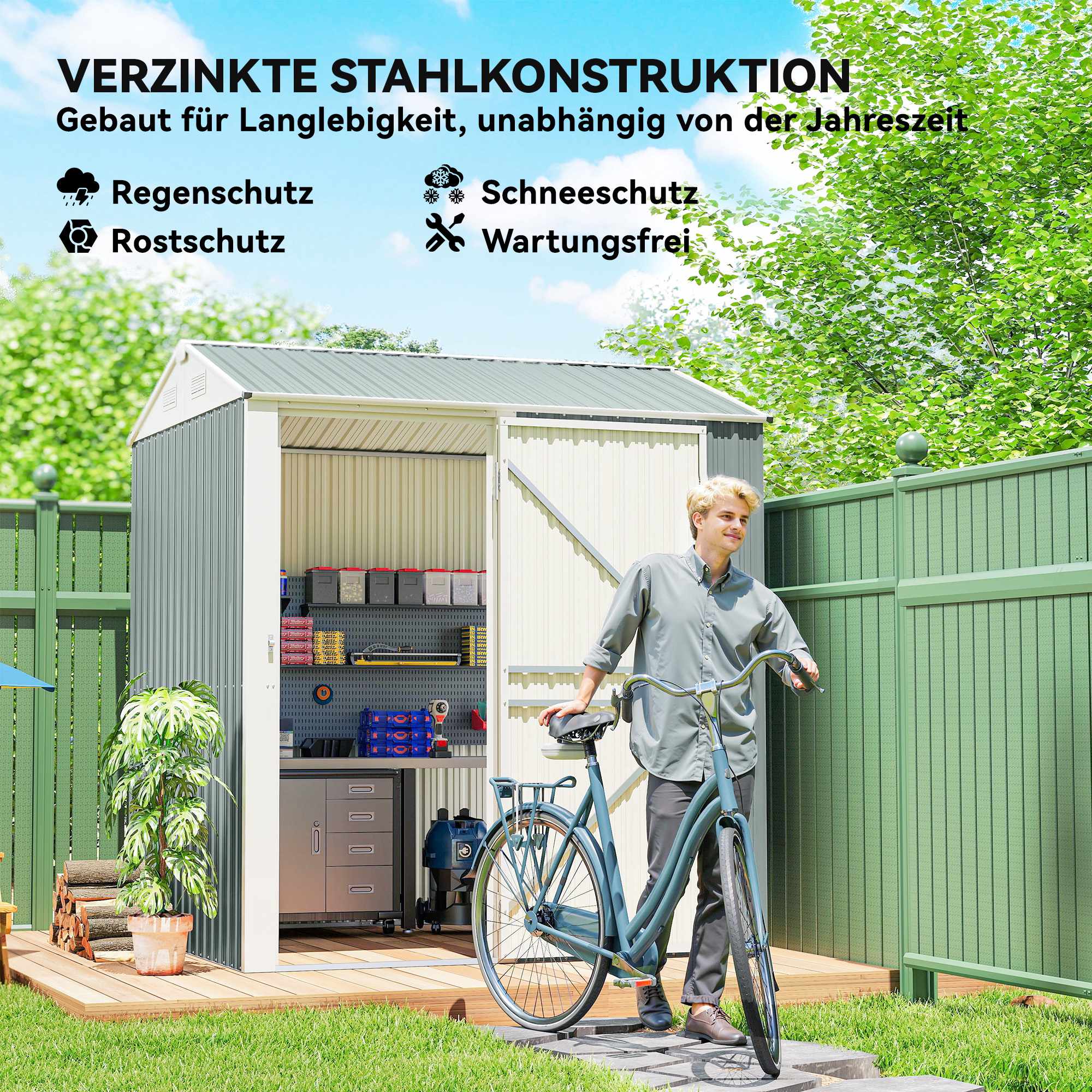 Trädgårdsskjul i metall, galvaniserat stål, ventilerat tak