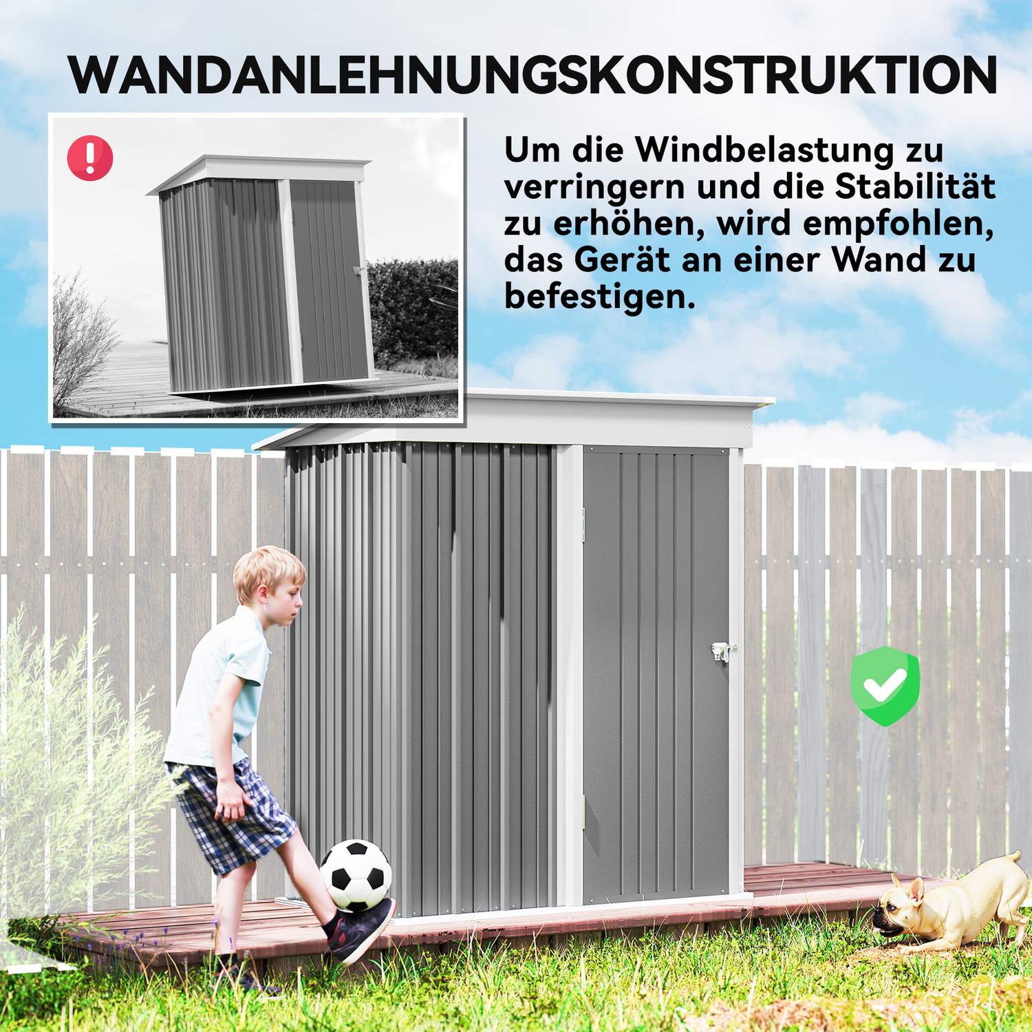 Hageskur i metall, justerbare hyller, låsbar dør