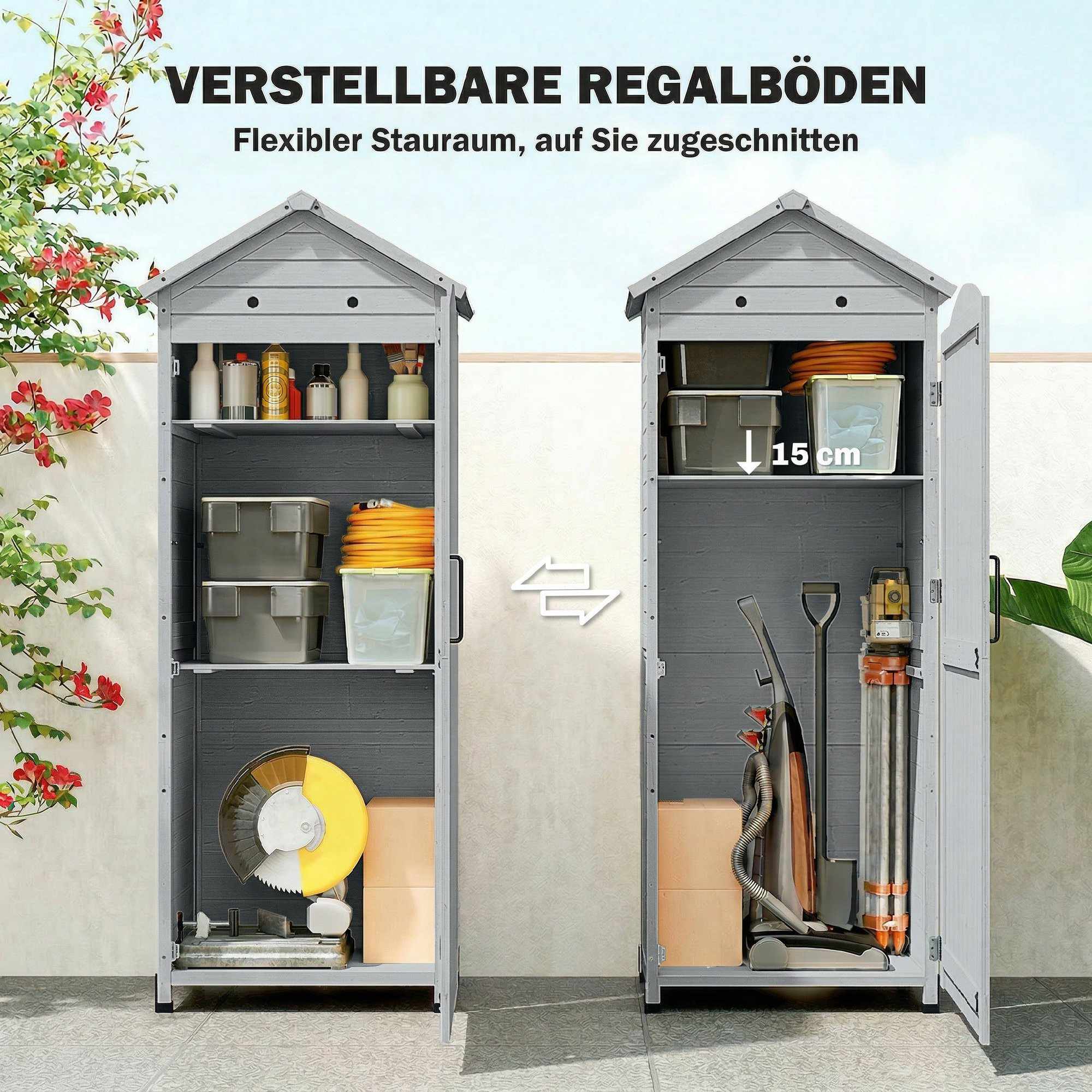 Trädgårdsskjul med justerbara hyllor, ventilation