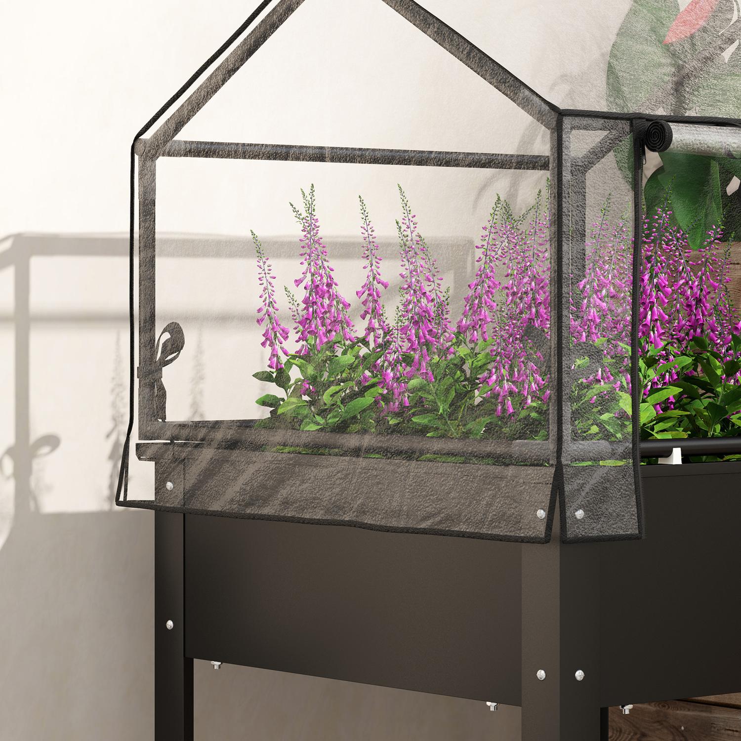 Trädgårdssäng i metall med täckning och dränering, svart