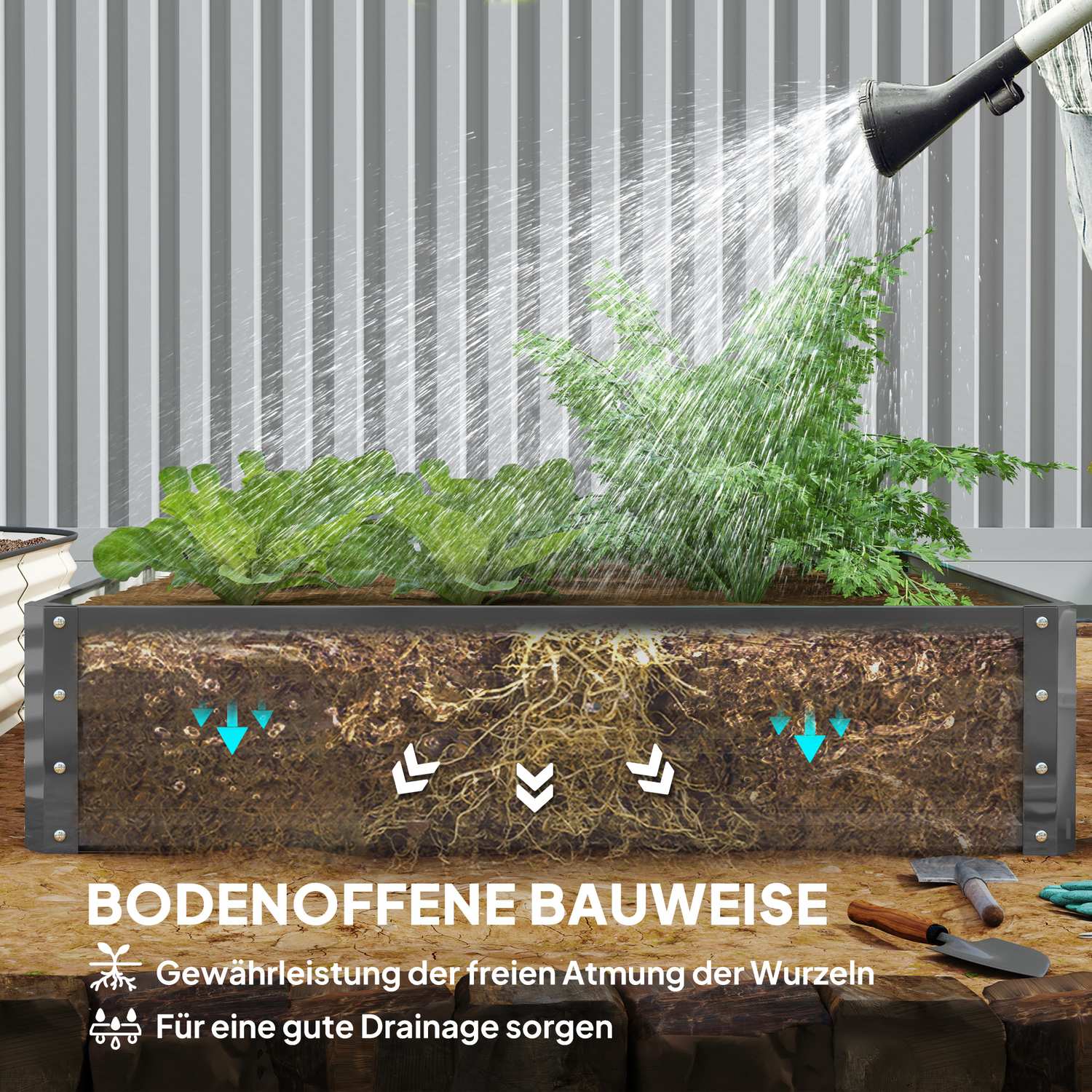 Trädgårdssäng, plantering med stålhölje, ljusgrå, 120 x 120 x 30 cm