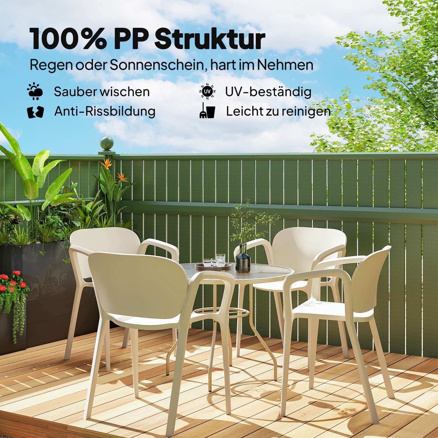 Trädgårdsstolset med 4 väderbeständiga trädgårdsstolar gjorda av staplingsstol i plast med armstöd ryggstöd som kan belastas upp till 120 kg