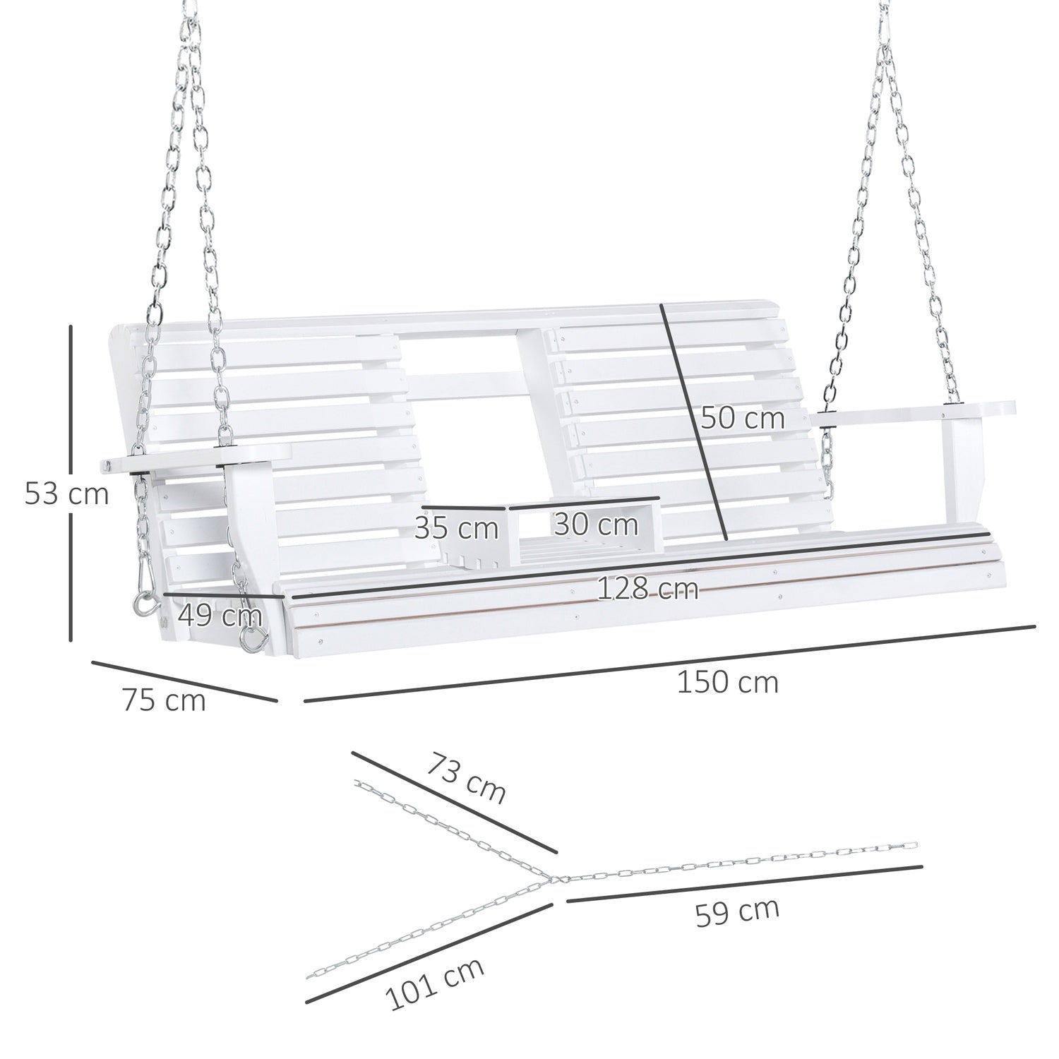 Trädgårdssvingbänk med hopfällbart bord, 2-3 sits, vit