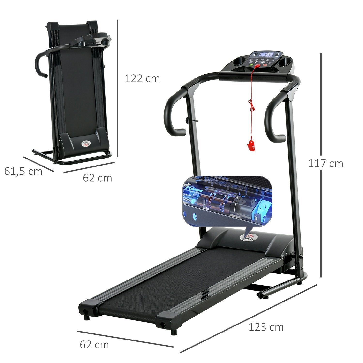 Tredemølle Sammenleggbar elektrisk 500W 0,8-10Km/H LCD-skjerm Mobiltelefonholder Svart 123X62X117Cm