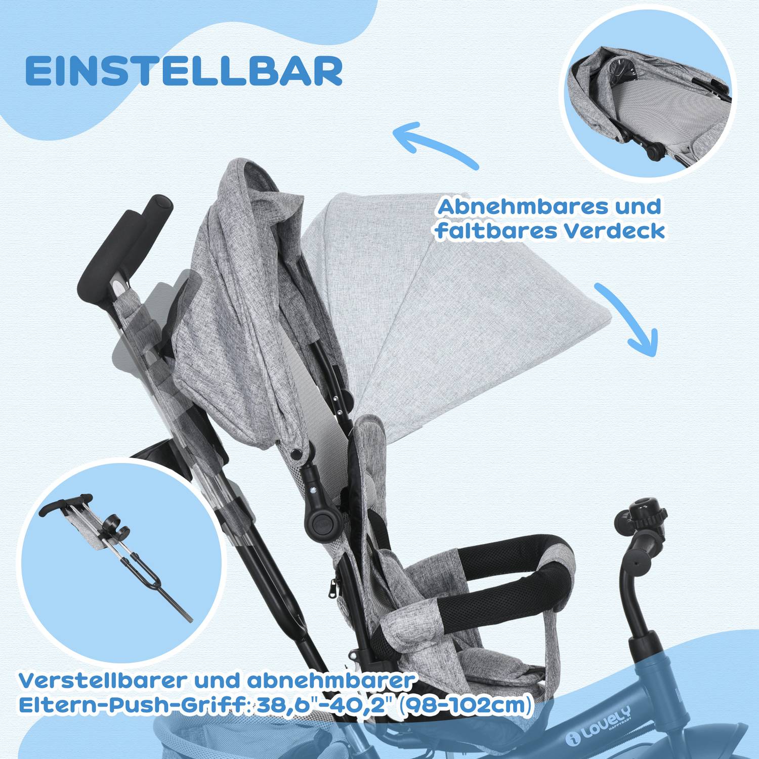 Trehjuling för barn, barncykel, ryggkorg, mugghållare, solskydd, metall, grå
