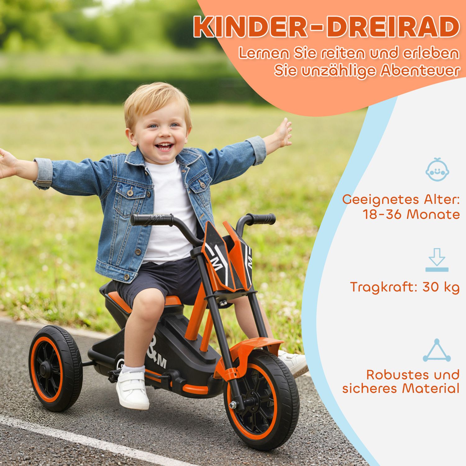 Trehjuling för småbarn med pedaler, stålram, orange, 18-36 månader