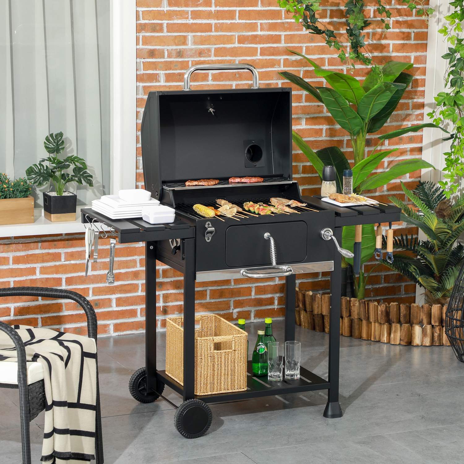 Träkolscampinggrill med dubbla ställ & hopfällbar hylla