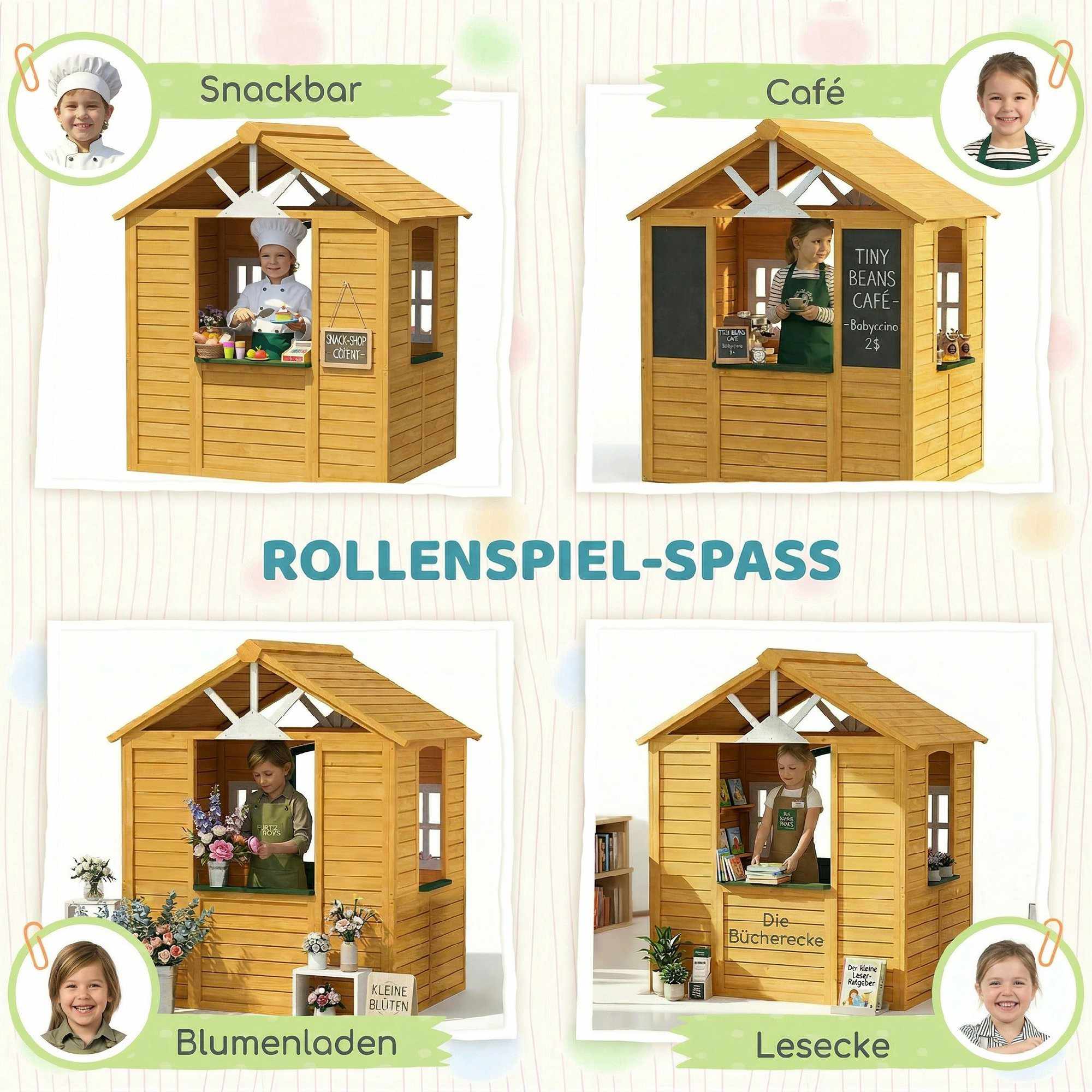 Trälekstuga för utomhusbruk med dörr, fönster och krukor