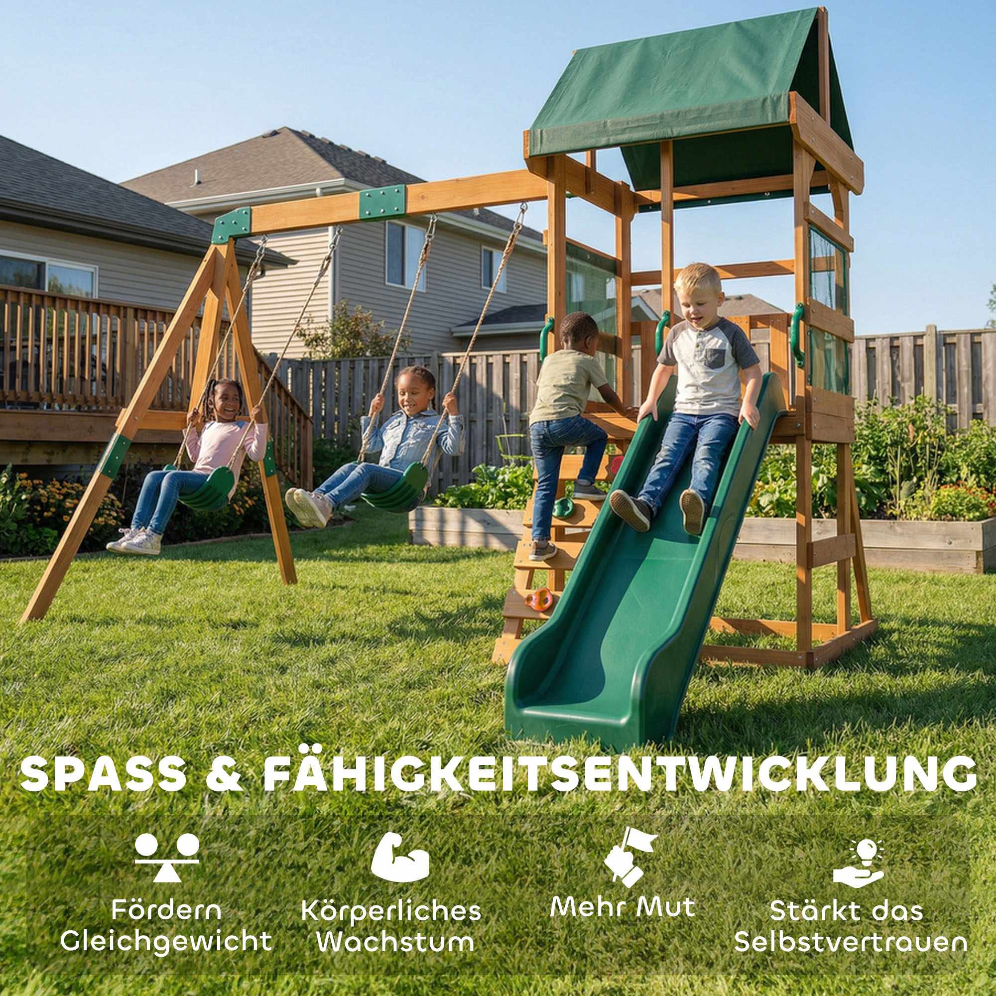 Trälektorn med rutschkana, gungor och klättervägg för barn
