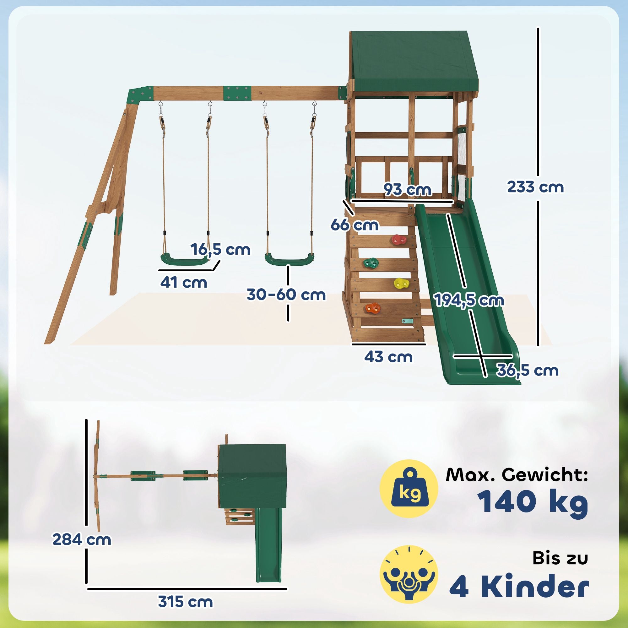 Trälektorn med rutschkana, gungor och klättervägg för barn